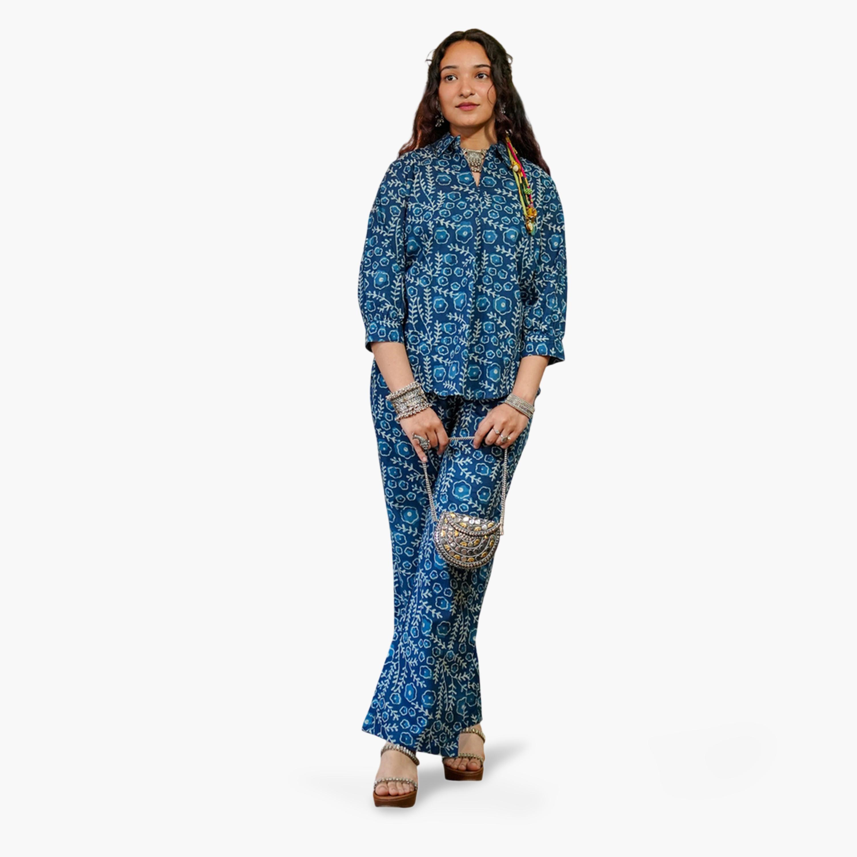 Imana X Styli Blue Floral Print Shirt and Trousers Co-Ord Set-women-clothing-coordsets-image-5
