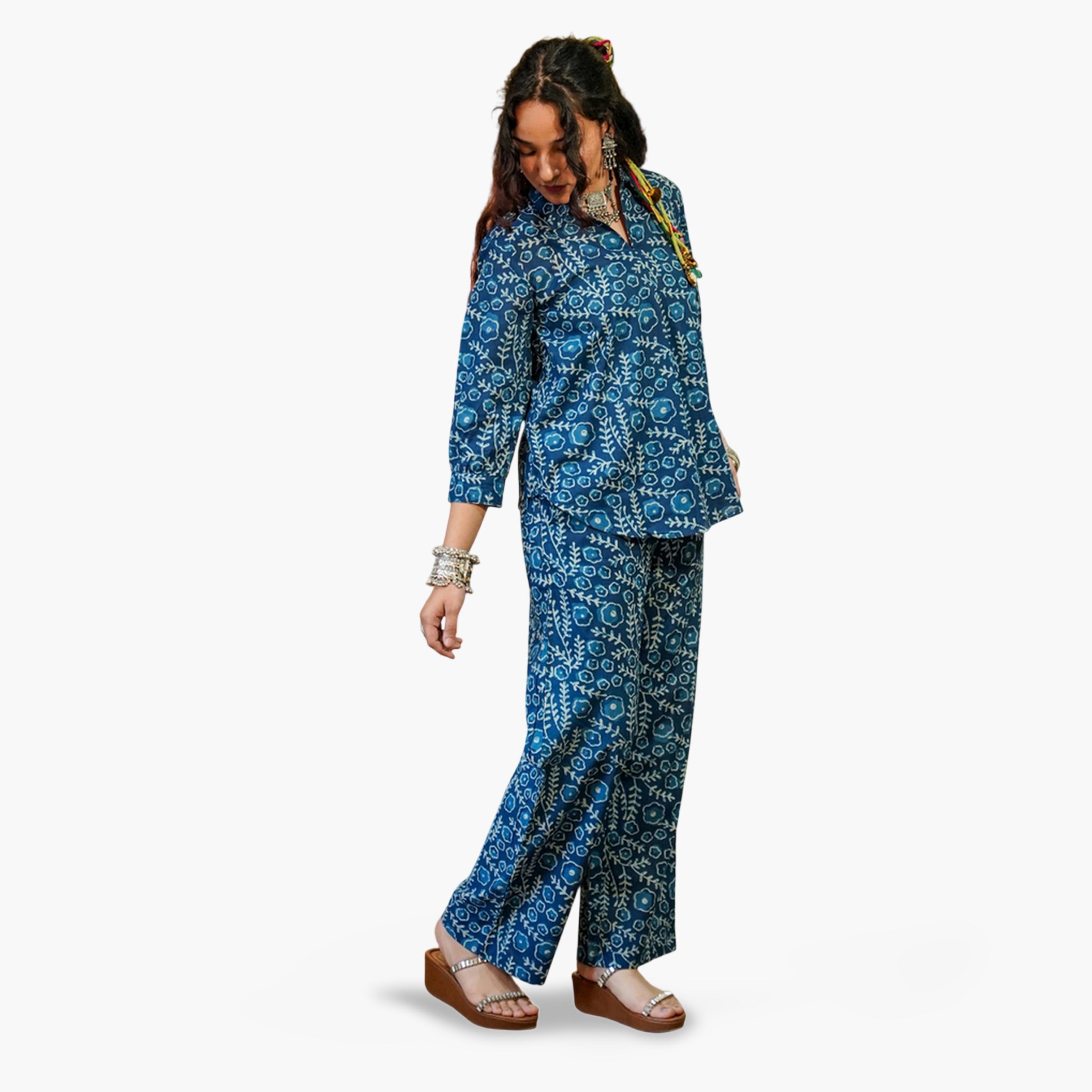 Imana X Styli Blue Floral Print Shirt and Trousers Co-Ord Set-women-clothing-coordsets-image-6