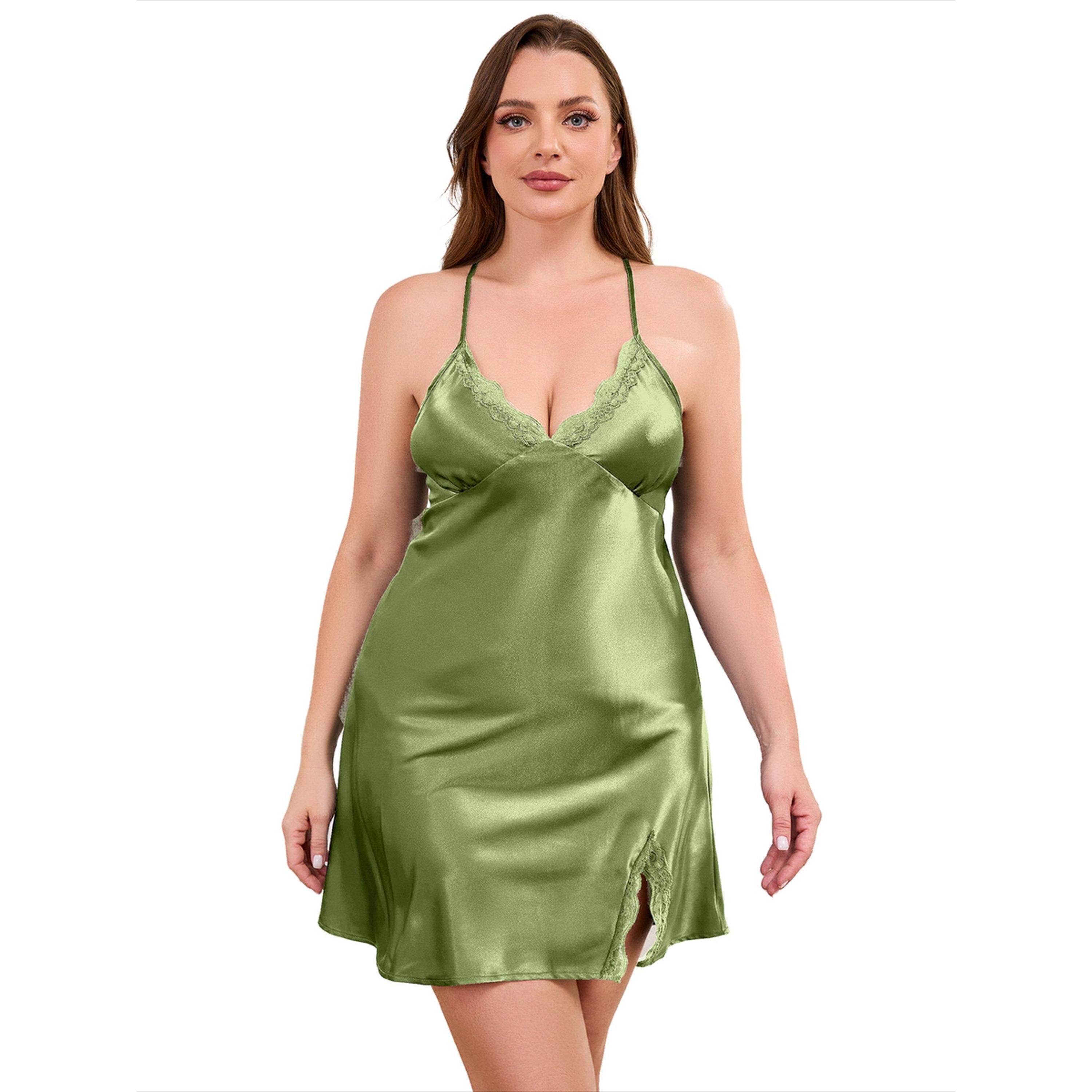 قميص نوم ساتان بتفاصيل دانتيل باللون الأخضر-women-clothing-lingerie-babydollsandbodysuits-image-1