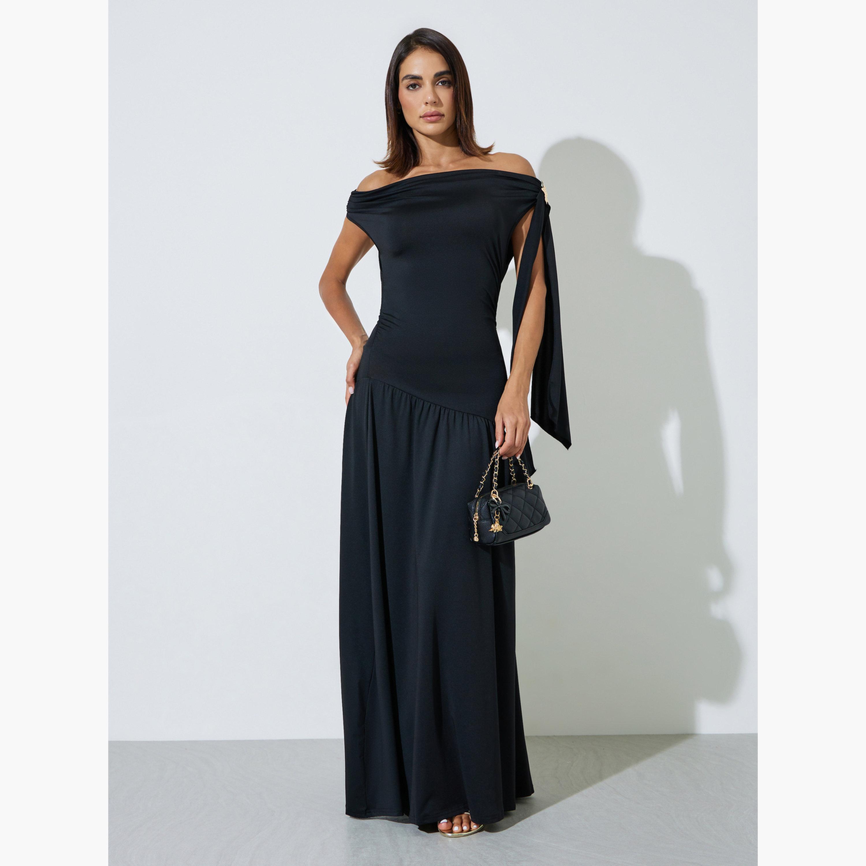 Styli Black Asymmetric Neck Draped Maxi Dress-women-clothing-dresses-image-1