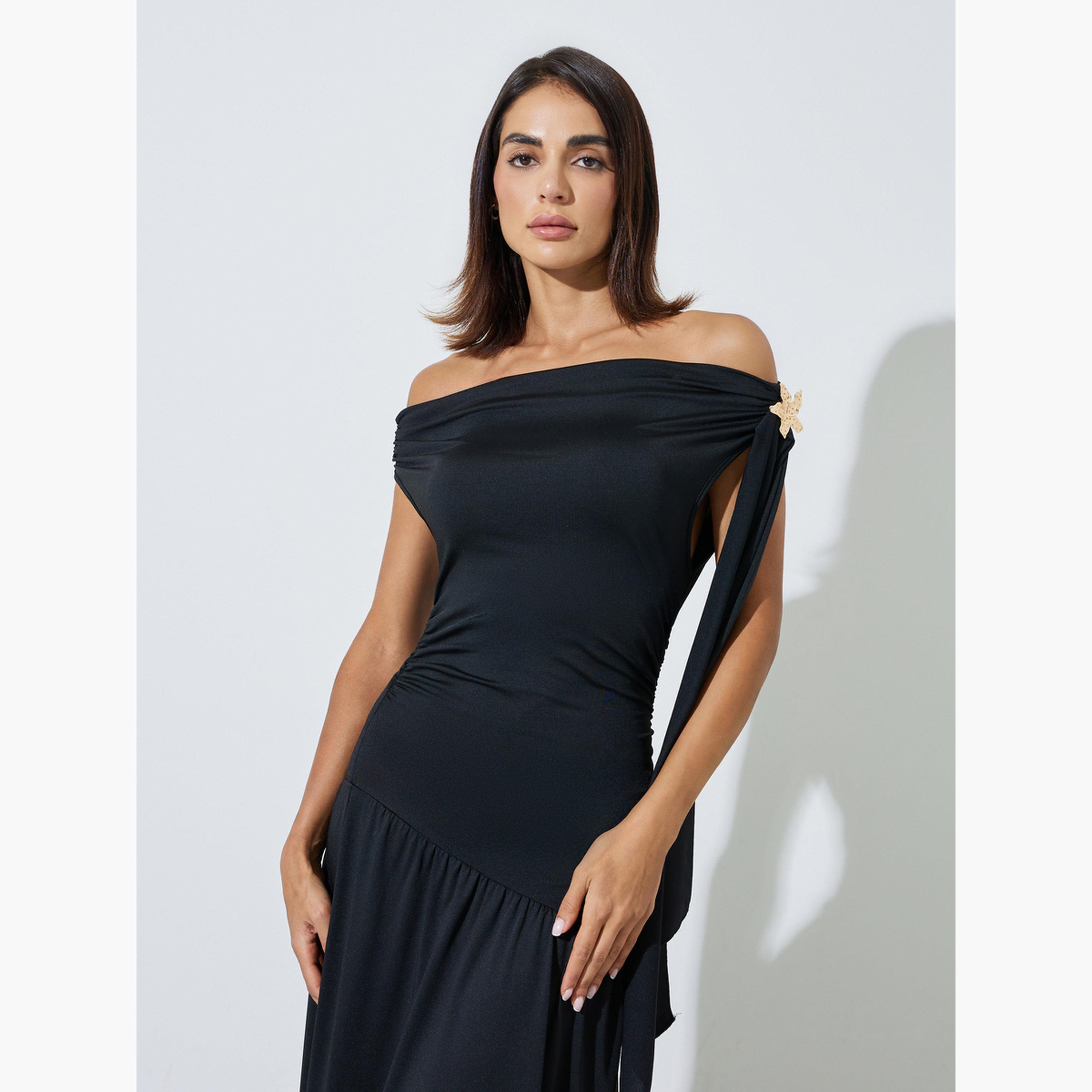 Styli Black Asymmetric Neck Draped Maxi Dress-women-clothing-dresses-image-2