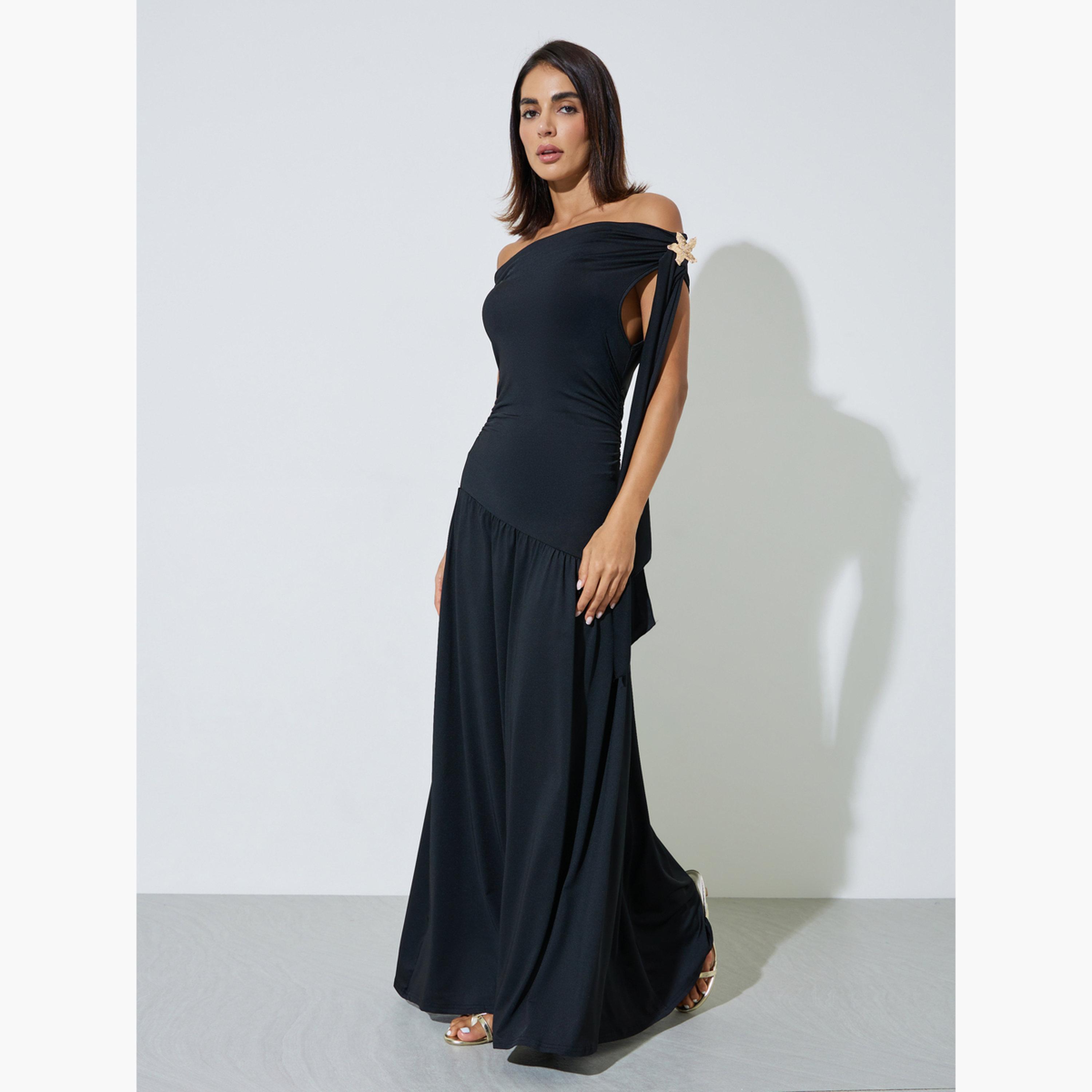 Styli Black Asymmetric Neck Draped Maxi Dress-women-clothing-dresses-image-3