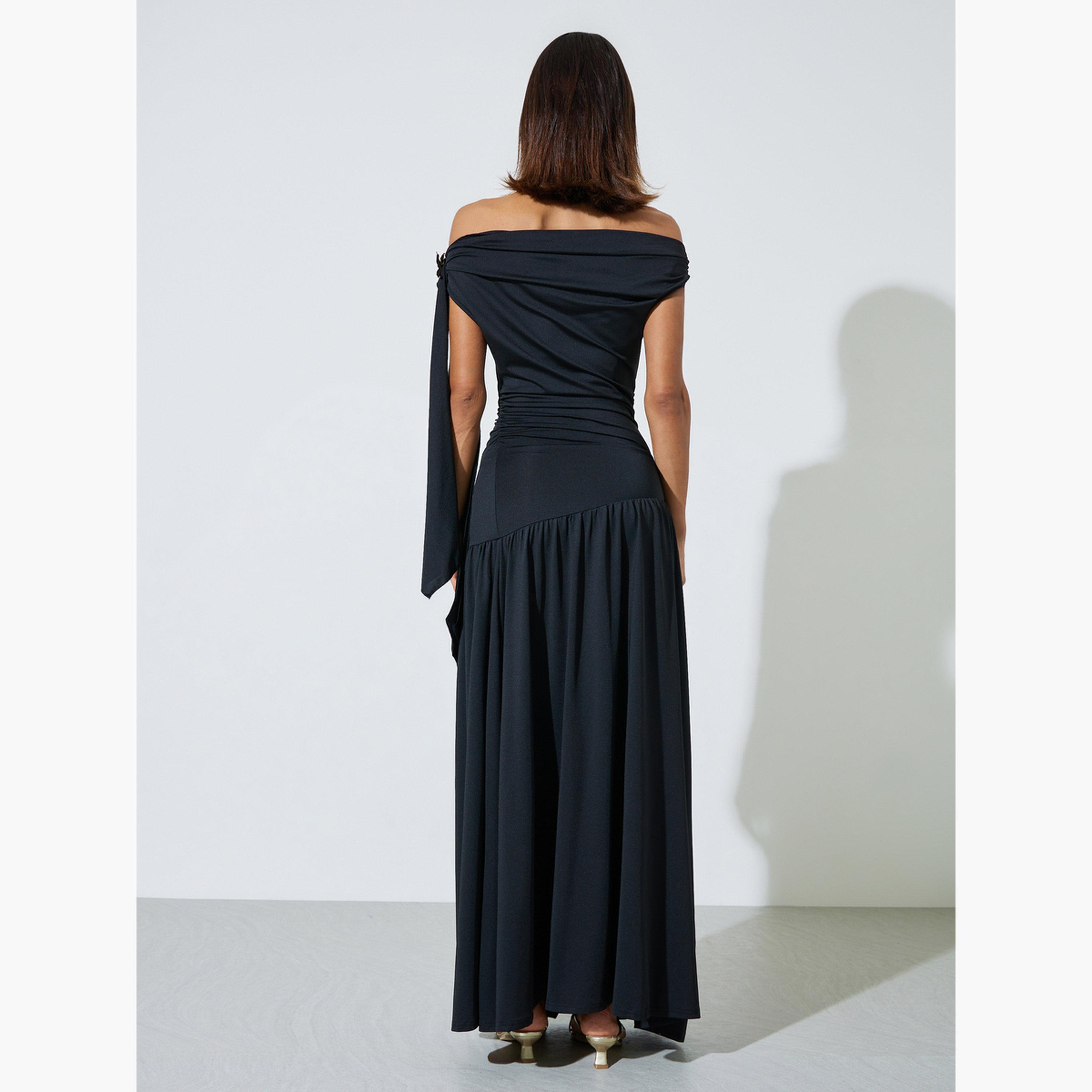 Styli Black Asymmetric Neck Draped Maxi Dress-women-clothing-dresses-image-4