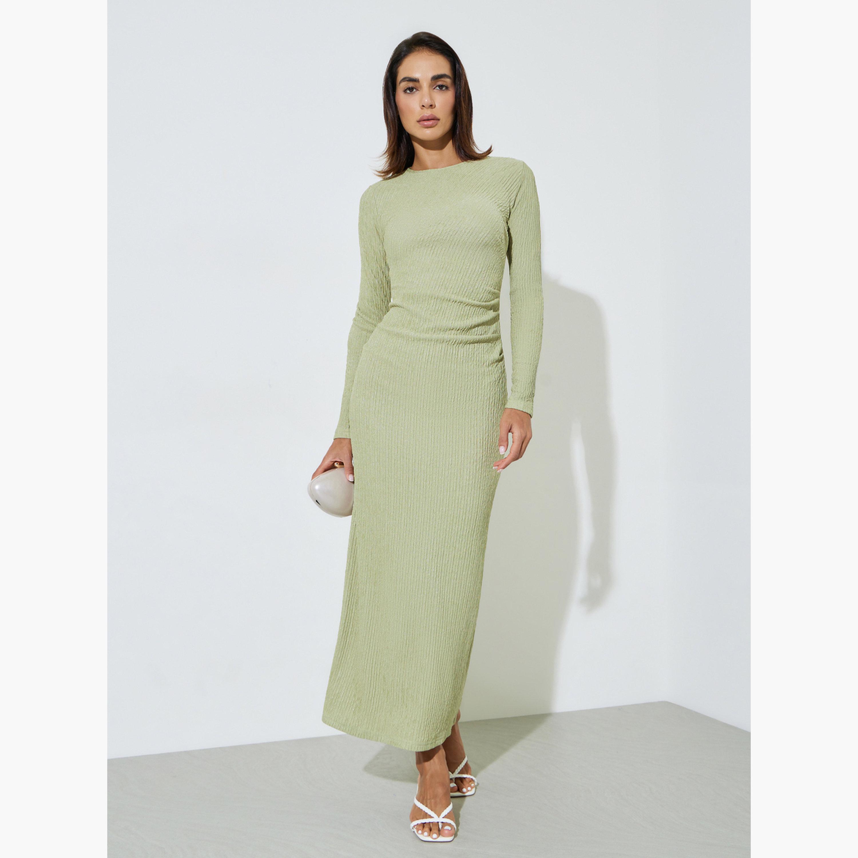 Styli Green Textured Bodycon Maxi Dress-women-clothing-dresses-image-1