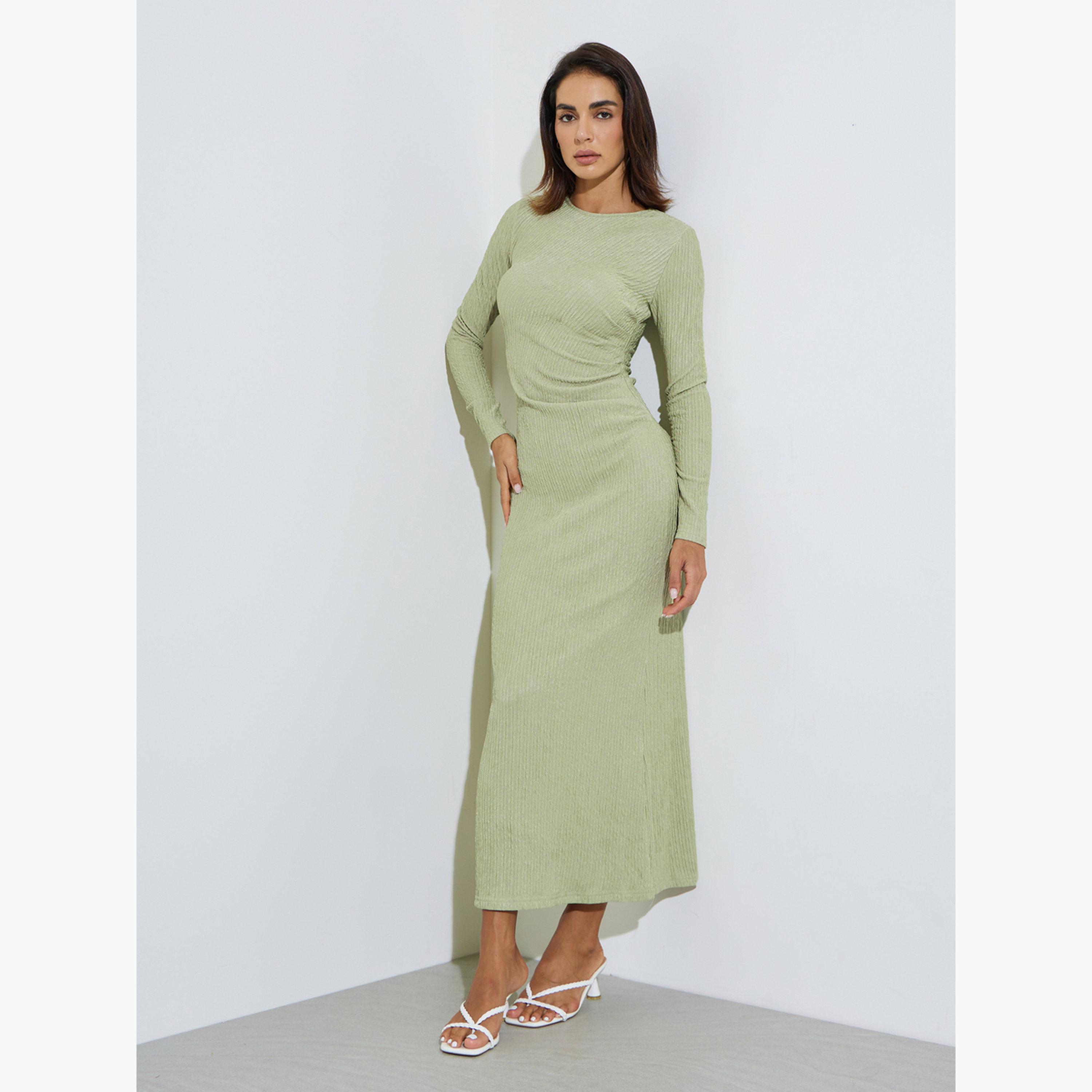 Styli Green Textured Bodycon Maxi Dress-women-clothing-dresses-image-3
