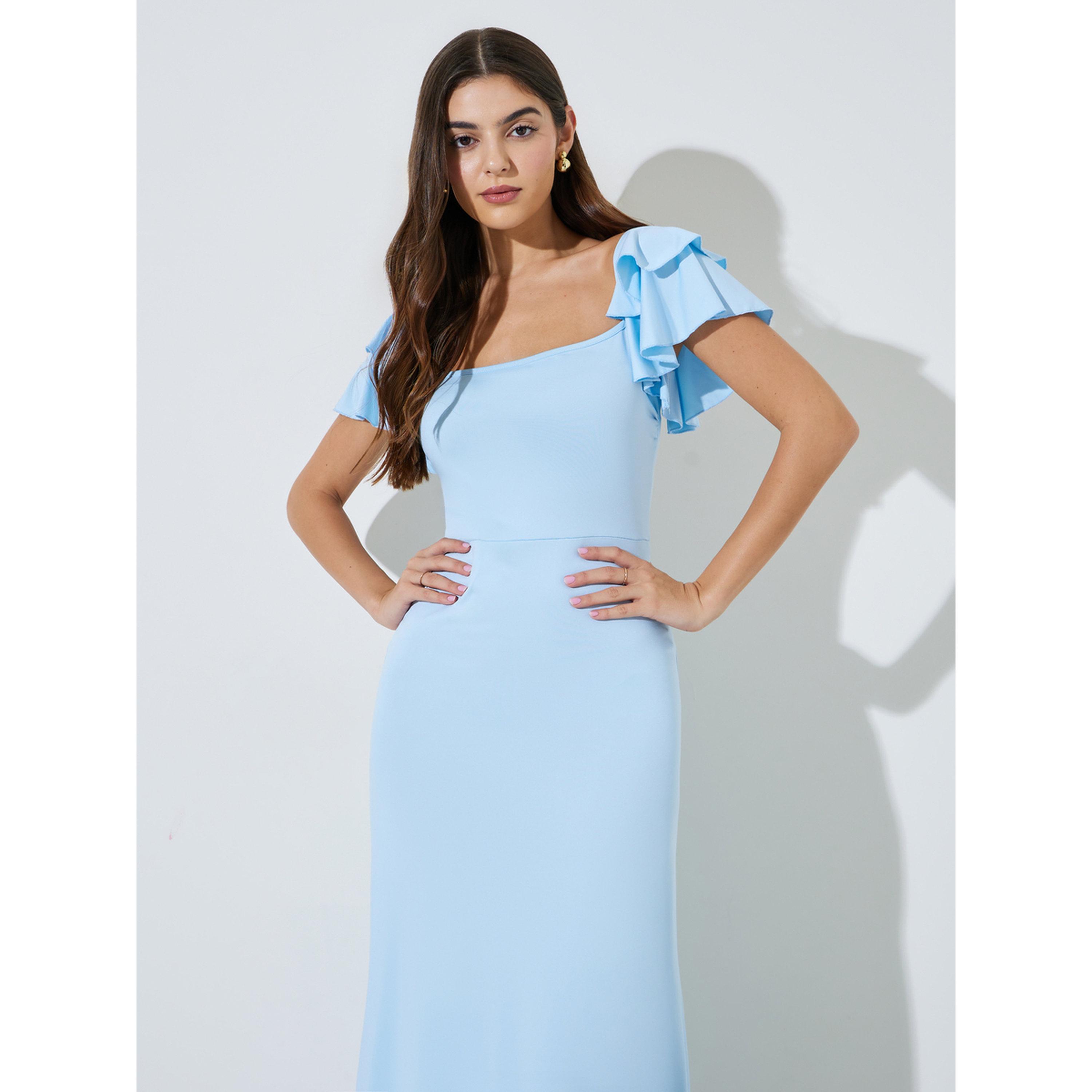 Styli Blue Solid Ruffle Sleeves A-Line Maxi Dress-women-clothing-dresses-image-2