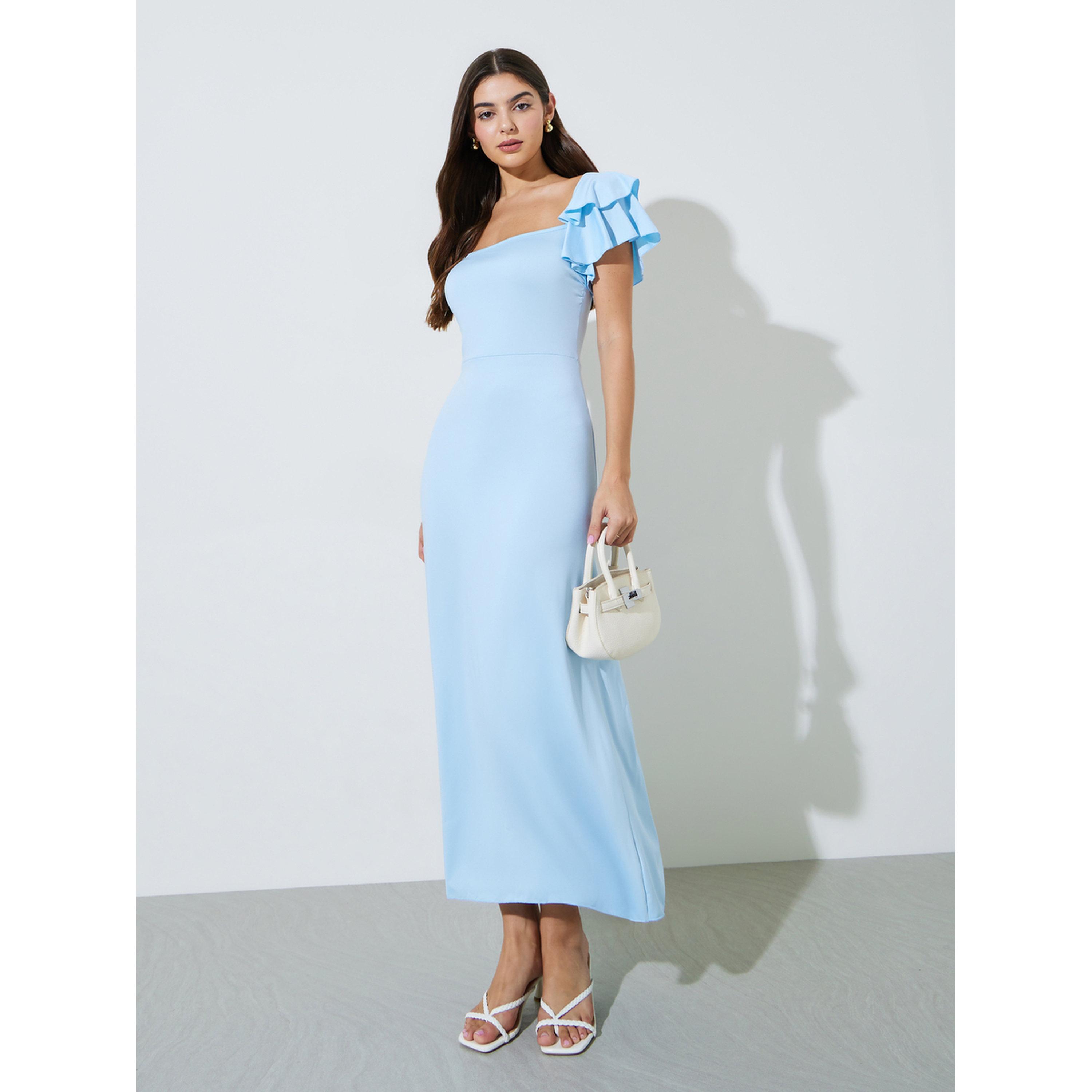 Styli Blue Solid Ruffle Sleeves A-Line Maxi Dress-women-clothing-dresses-image-3