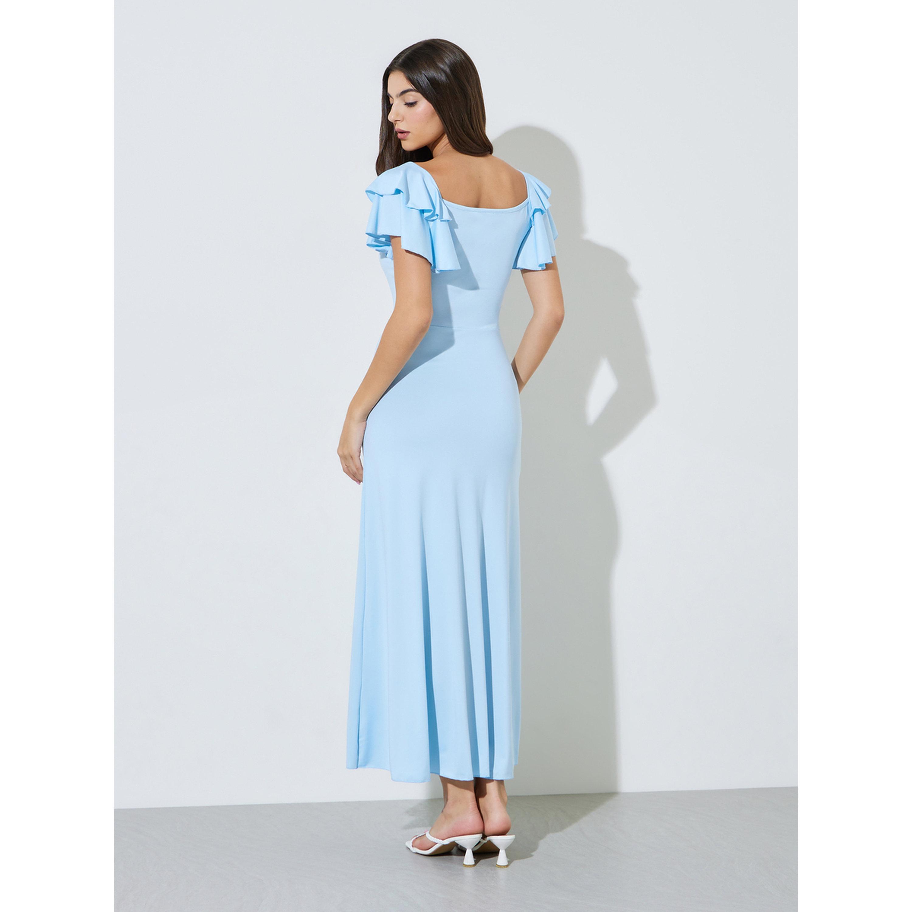 Styli Blue Solid Ruffle Sleeves A-Line Maxi Dress-women-clothing-dresses-image-4