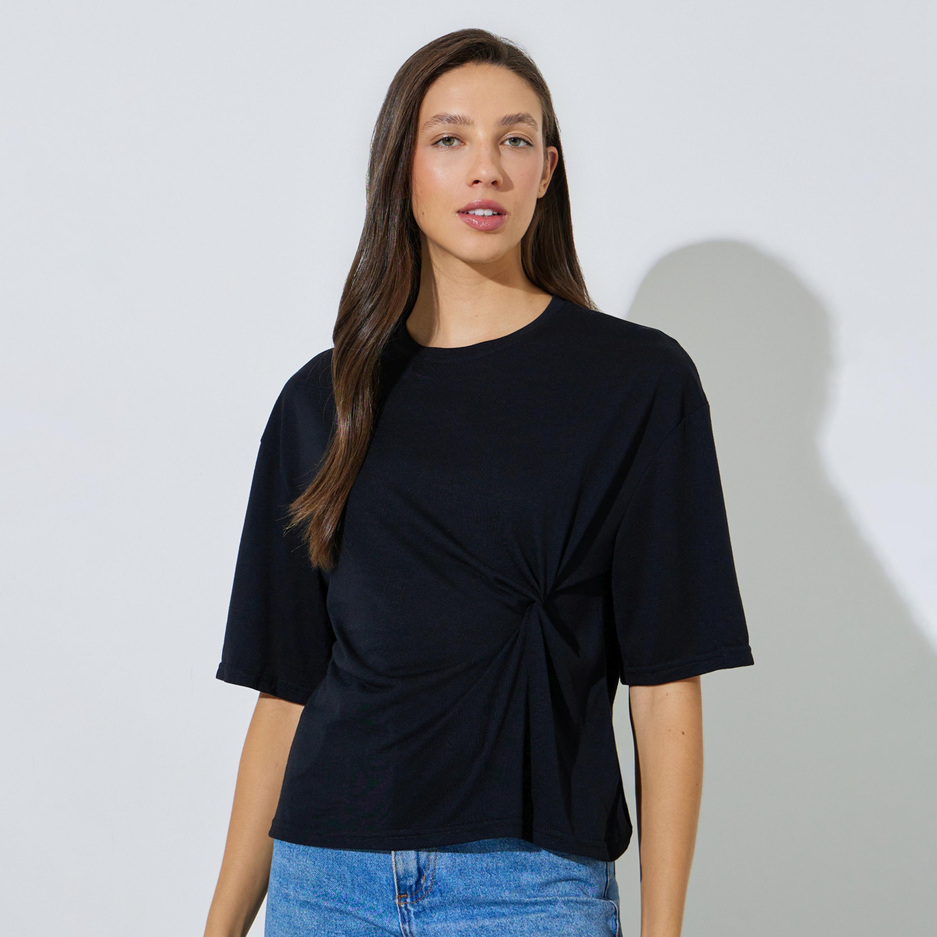 Styli Black Side Knot Detail Round Neck T-Shirt-women-clothing-tshirts-image-1