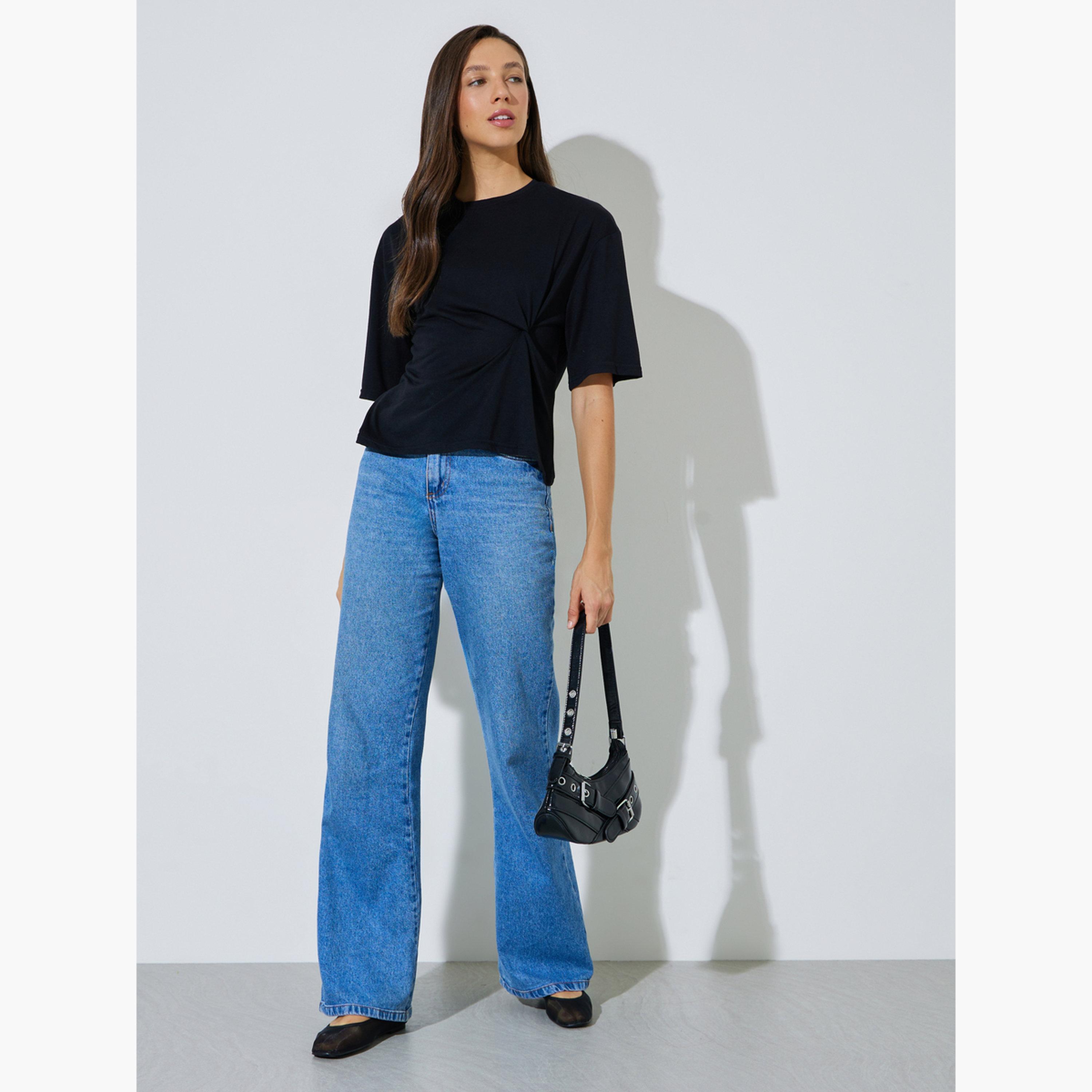 Styli Black Side Knot Detail Round Neck T-Shirt-women-clothing-tshirts-image-2