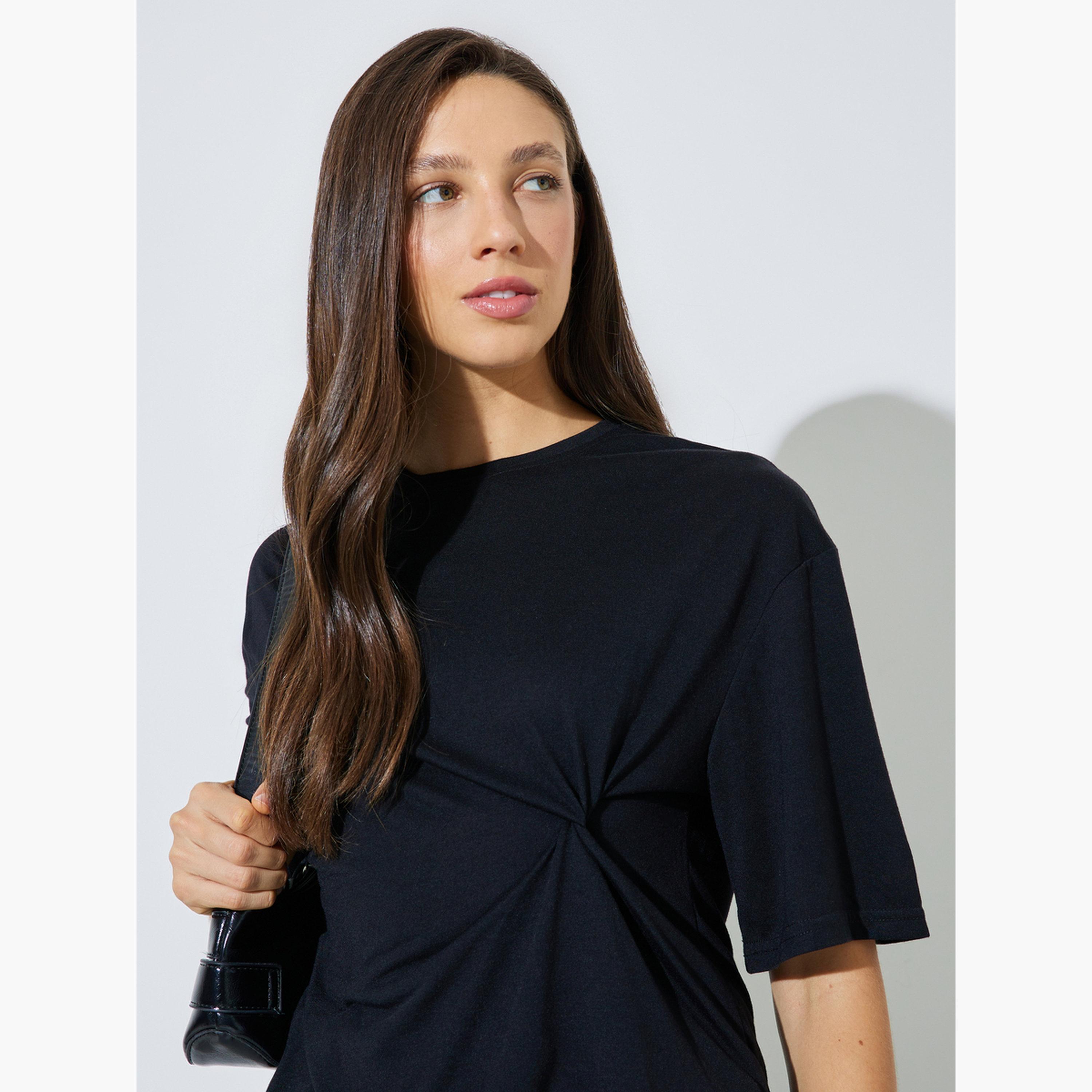 Styli Black Side Knot Detail Round Neck T-Shirt-women-clothing-tshirts-image-3