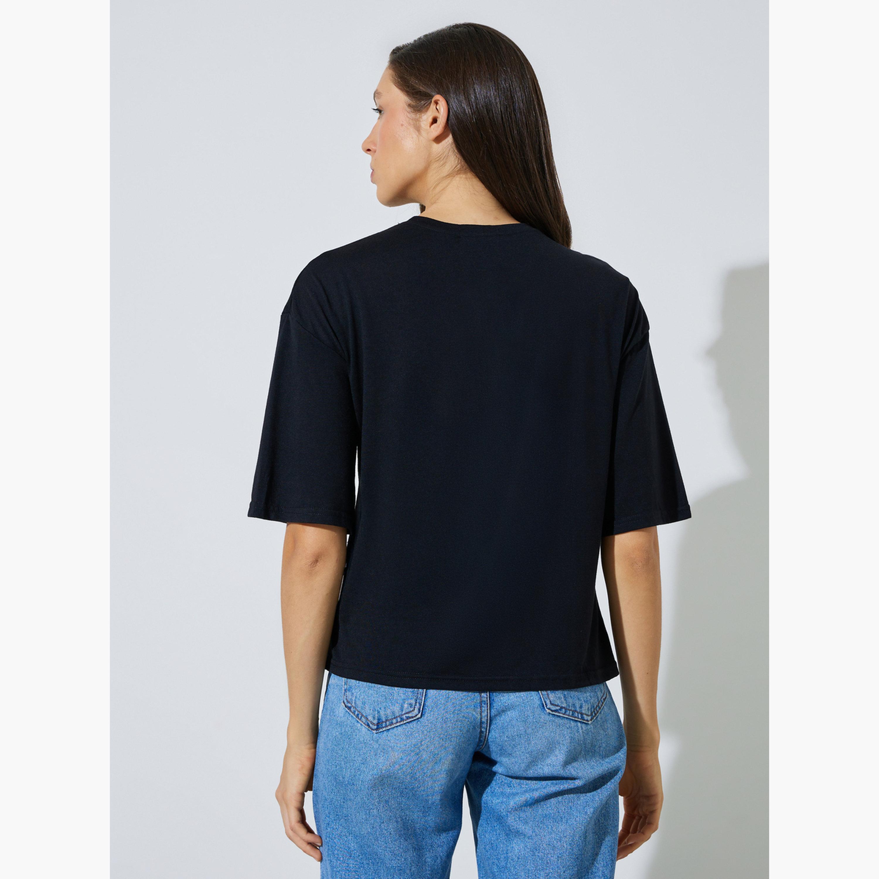 Styli Black Side Knot Detail Round Neck T-Shirt-women-clothing-tshirts-image-4