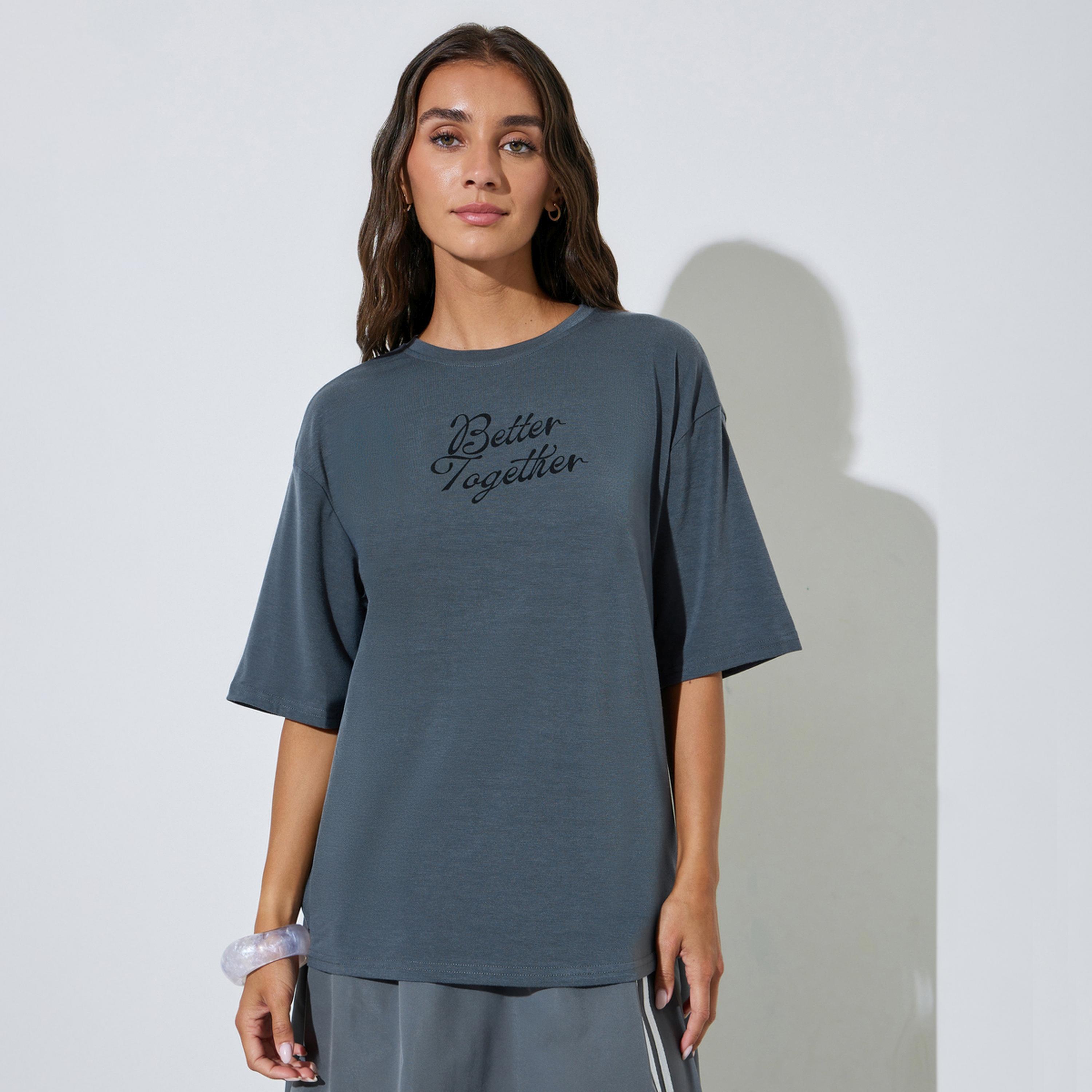 Styli Grey Front Slogan Drop Shoulder Oversize T-Shirt-women-clothing-tshirts-image-1