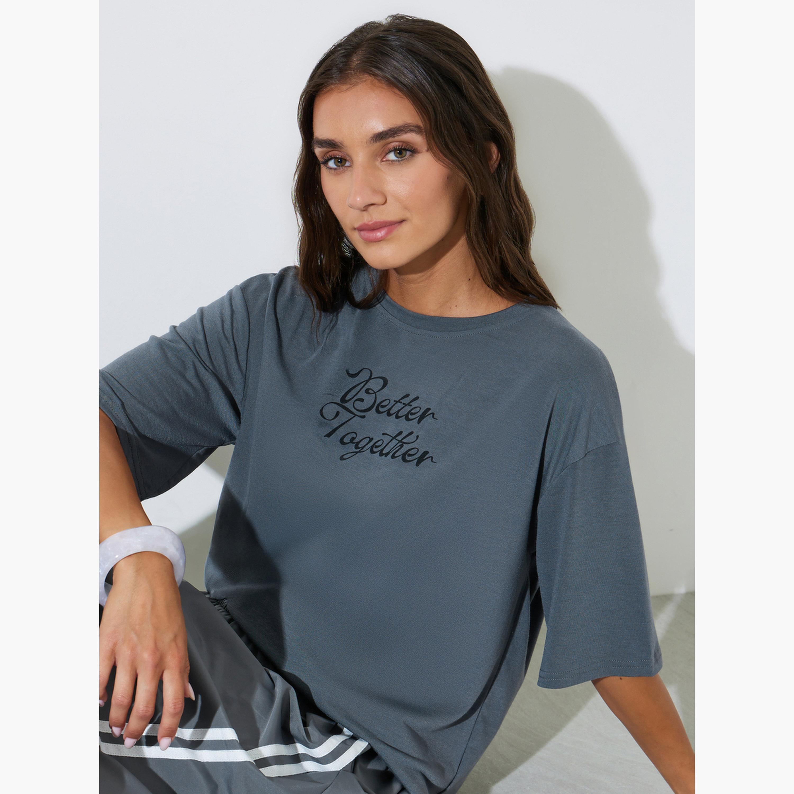 Styli Grey Front Slogan Drop Shoulder Oversize T-Shirt-women-clothing-tshirts-image-3