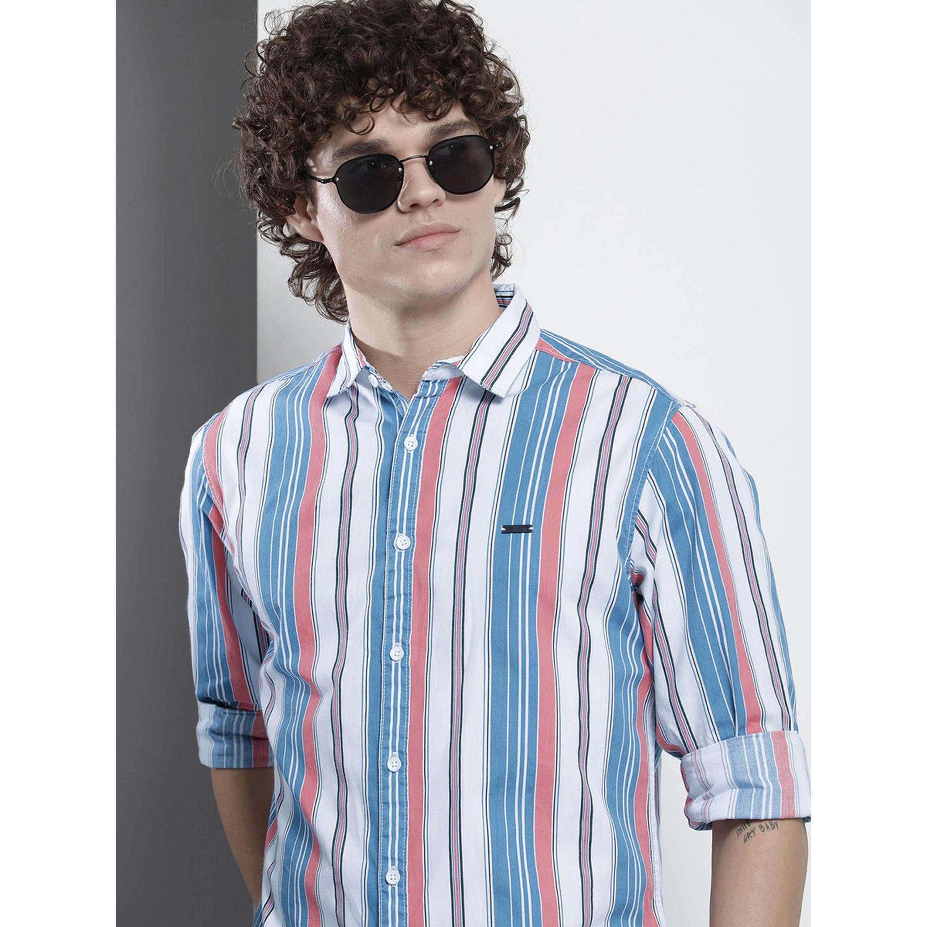 قميص كاجوال مخطط بقصة عادية وياقة مقصوصة للرجال-men-clothing-shirts-image-5