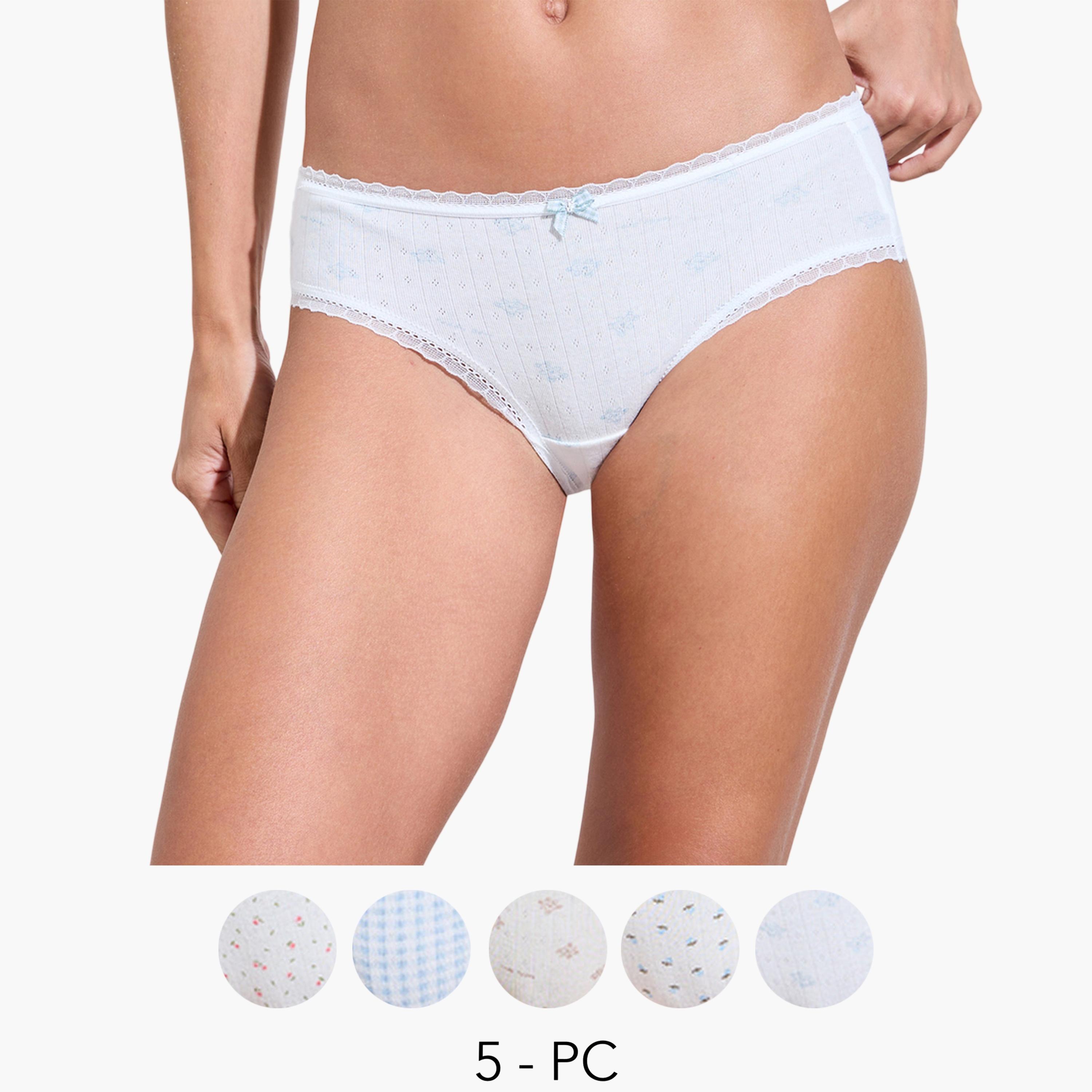 ستايلي - عبوة من 5 قطع - سراويل داخلية مطبوعة متنوعة بتصميم عصري مع تفاصيل فيونكة-women-clothing-lingerie-panties-image-1