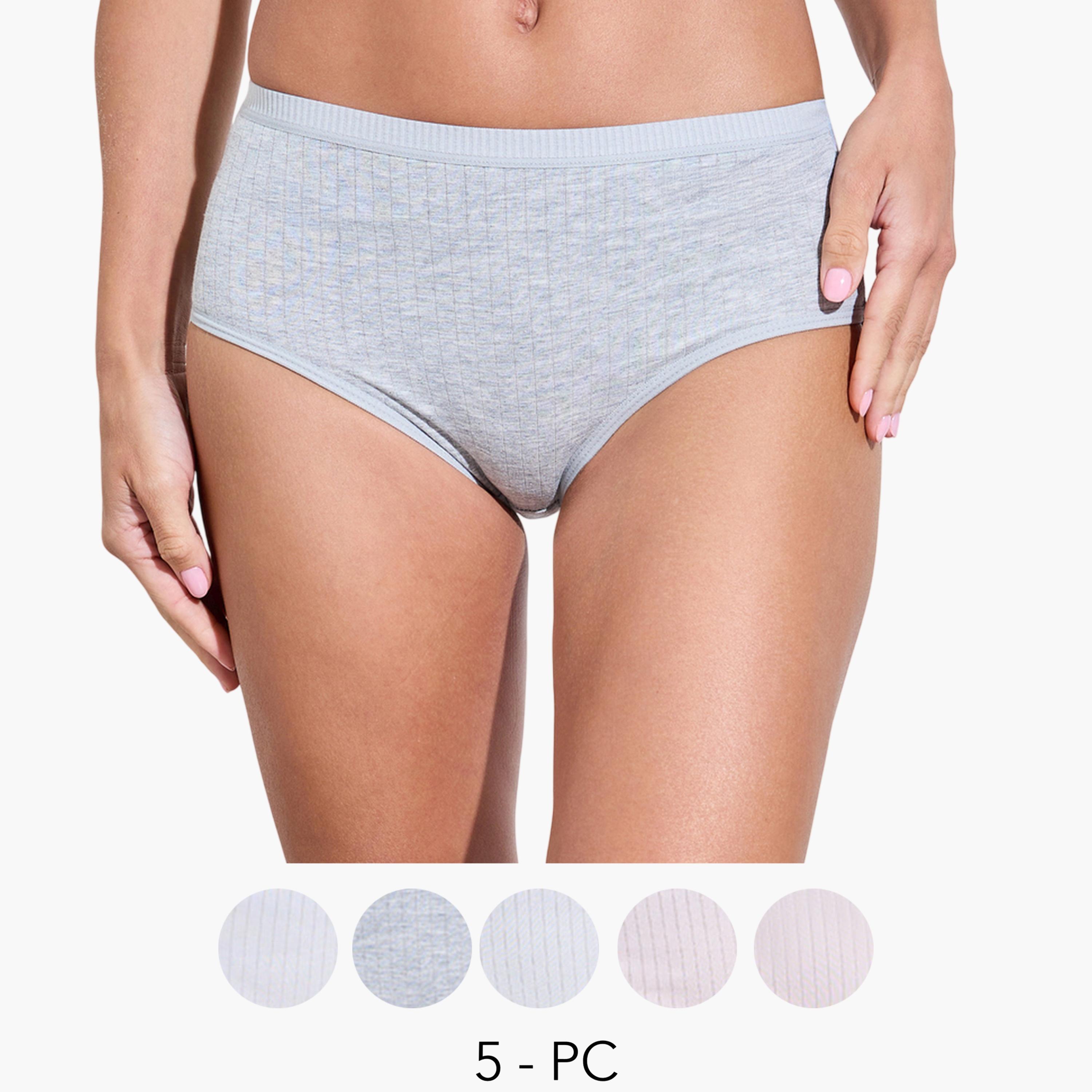 ستايلي - عبوة من 5 قطع - سراويل داخلية قطنية مضلعة كاملة سادة من الإيلاستين-women-clothing-lingerie-panties-image-1