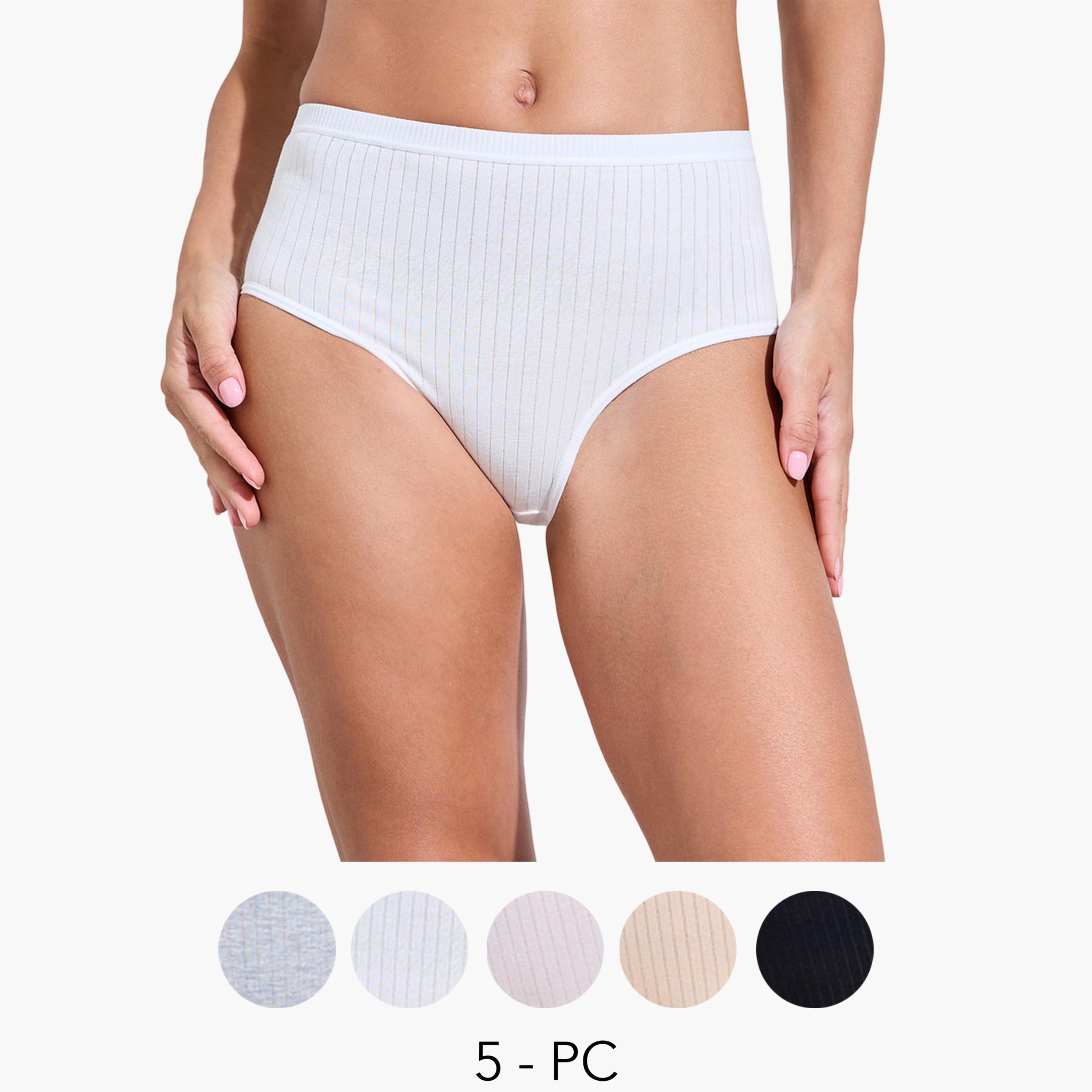 ستايلي - عبوة من 5 قطع - سراويل داخلية قطنية مضلعة كاملة سادة من الإيلاستين-women-clothing-lingerie-panties-image-1