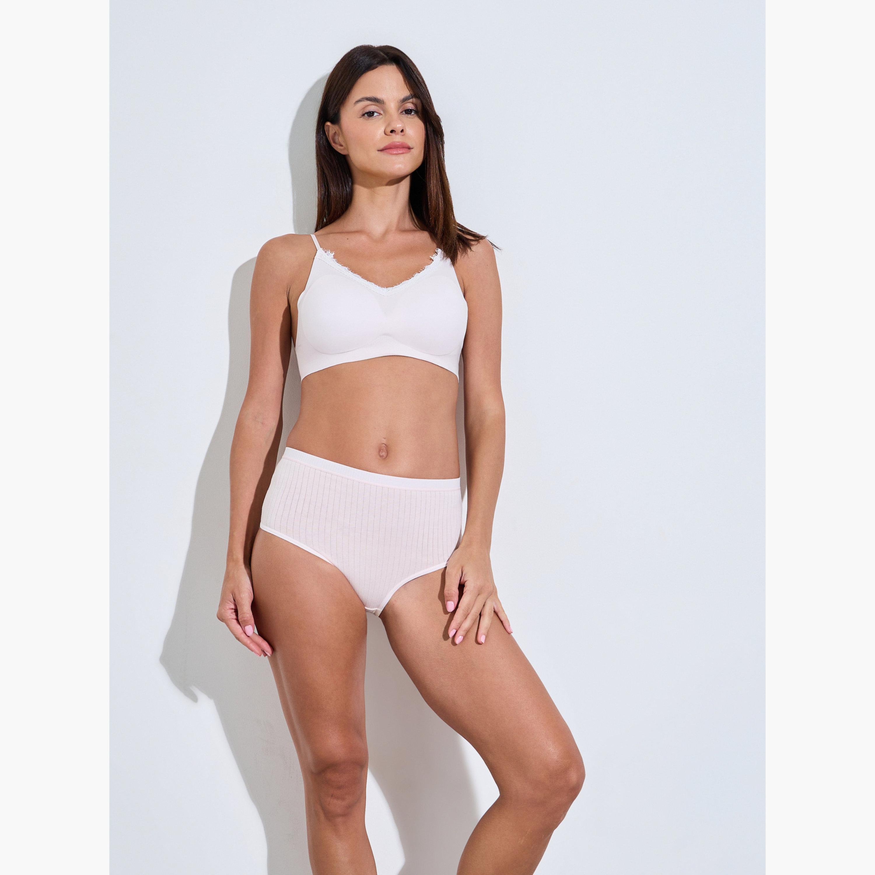 ستايلي - عبوة من 5 قطع - سراويل داخلية قطنية مضلعة كاملة سادة من الإيلاستين-women-clothing-lingerie-panties-image-3
