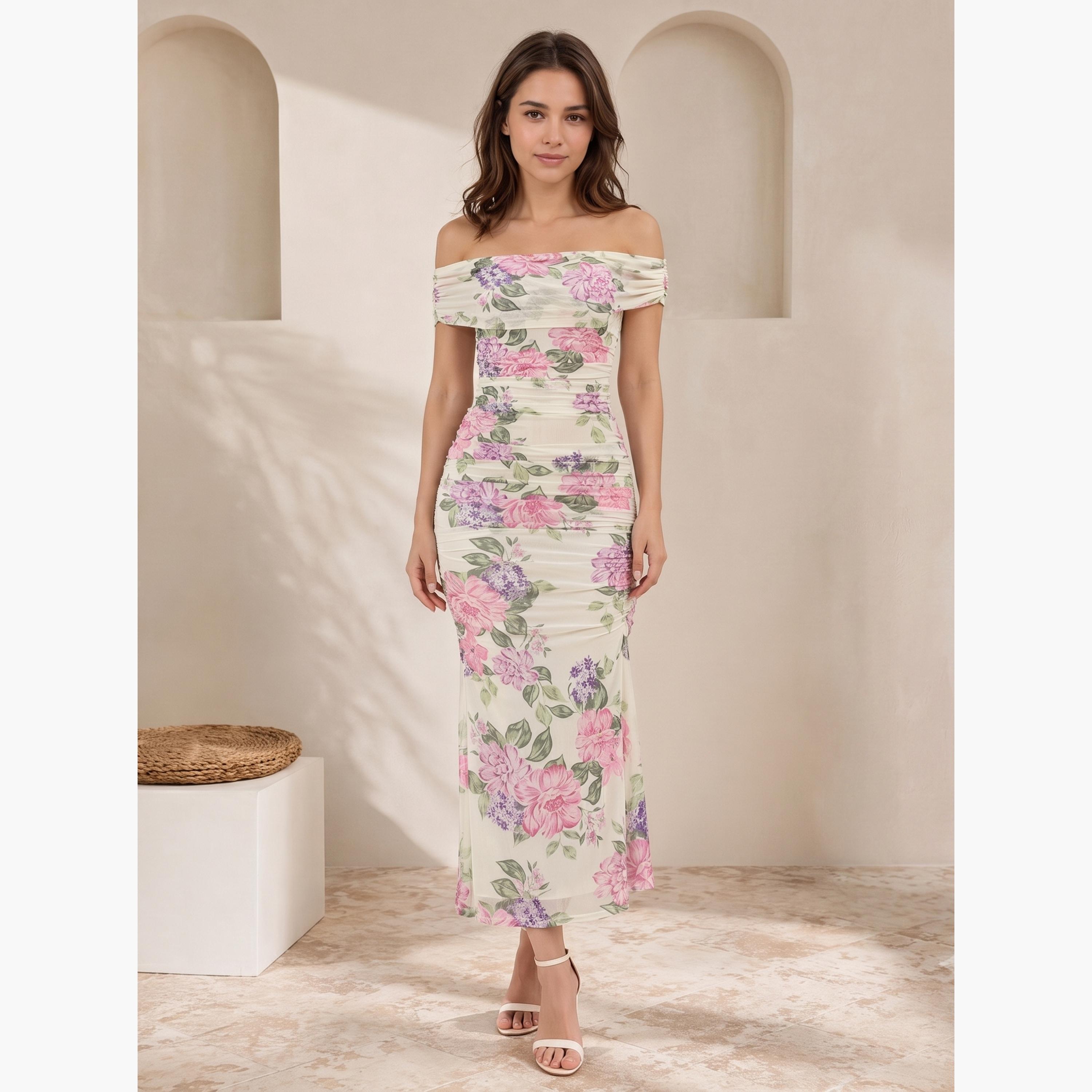 Styli Cream Floral Bodycon Midi Dress-women-clothing-dresses-image-1