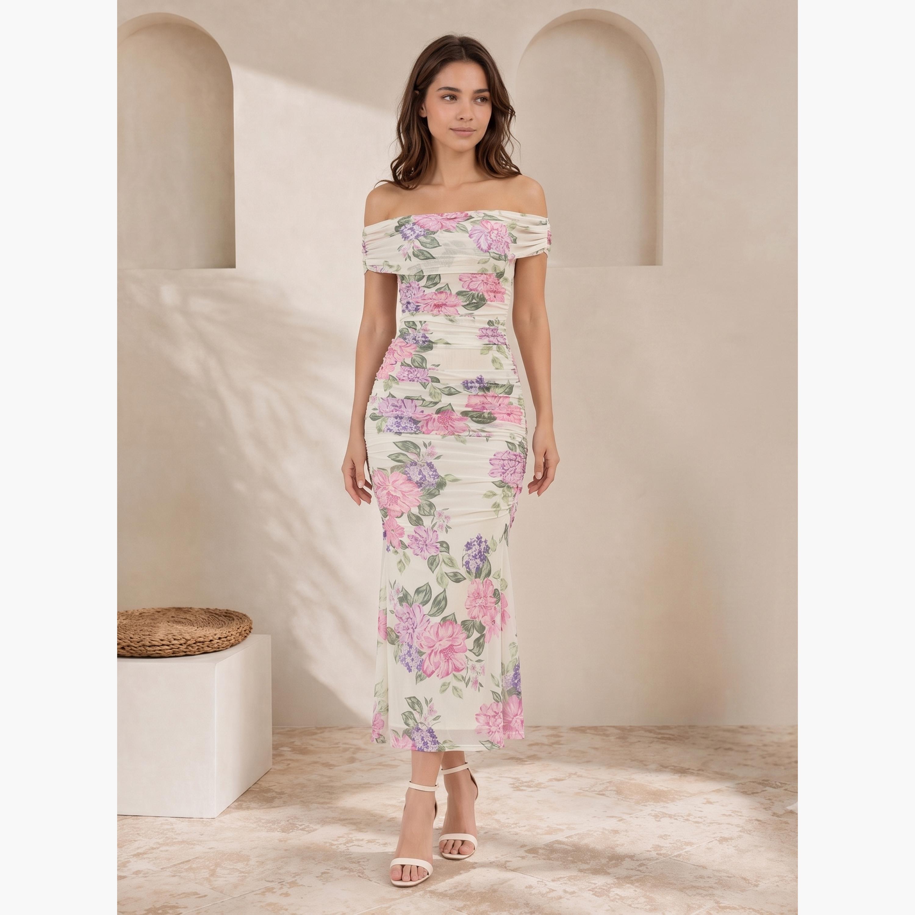 Styli Cream Floral Bodycon Midi Dress-women-clothing-dresses-image-2