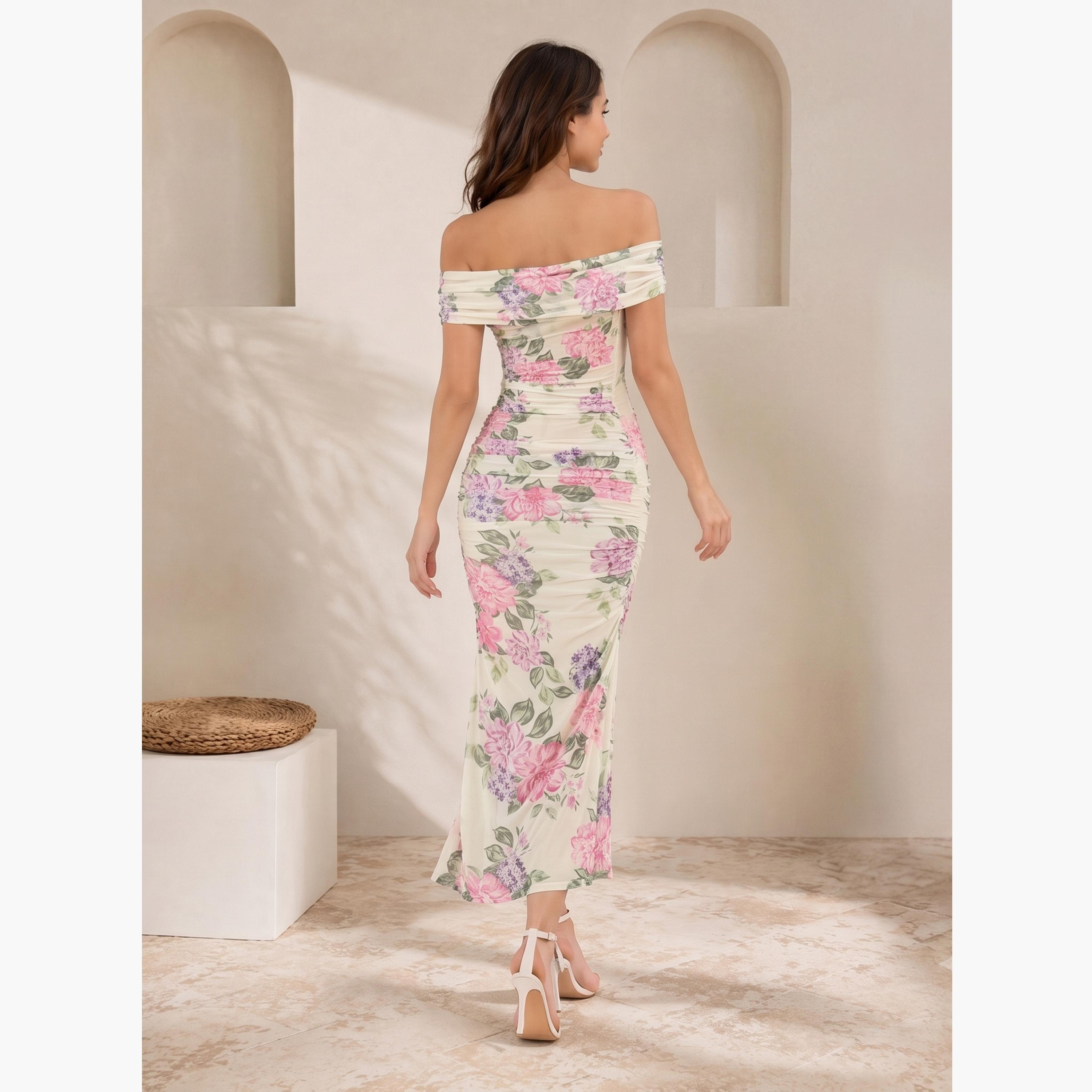 Styli Cream Floral Bodycon Midi Dress-women-clothing-dresses-image-3