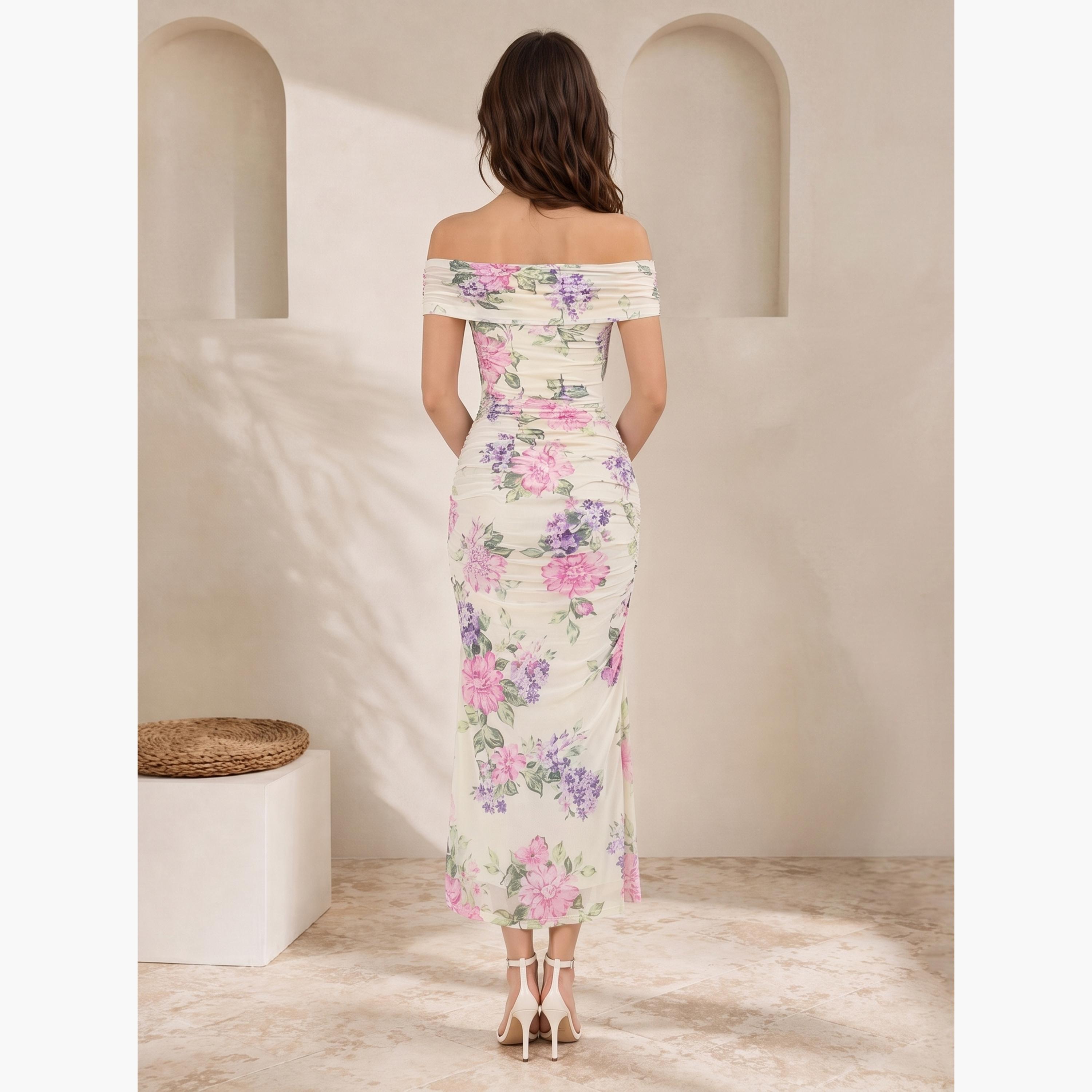 Styli Cream Floral Bodycon Midi Dress-women-clothing-dresses-image-6