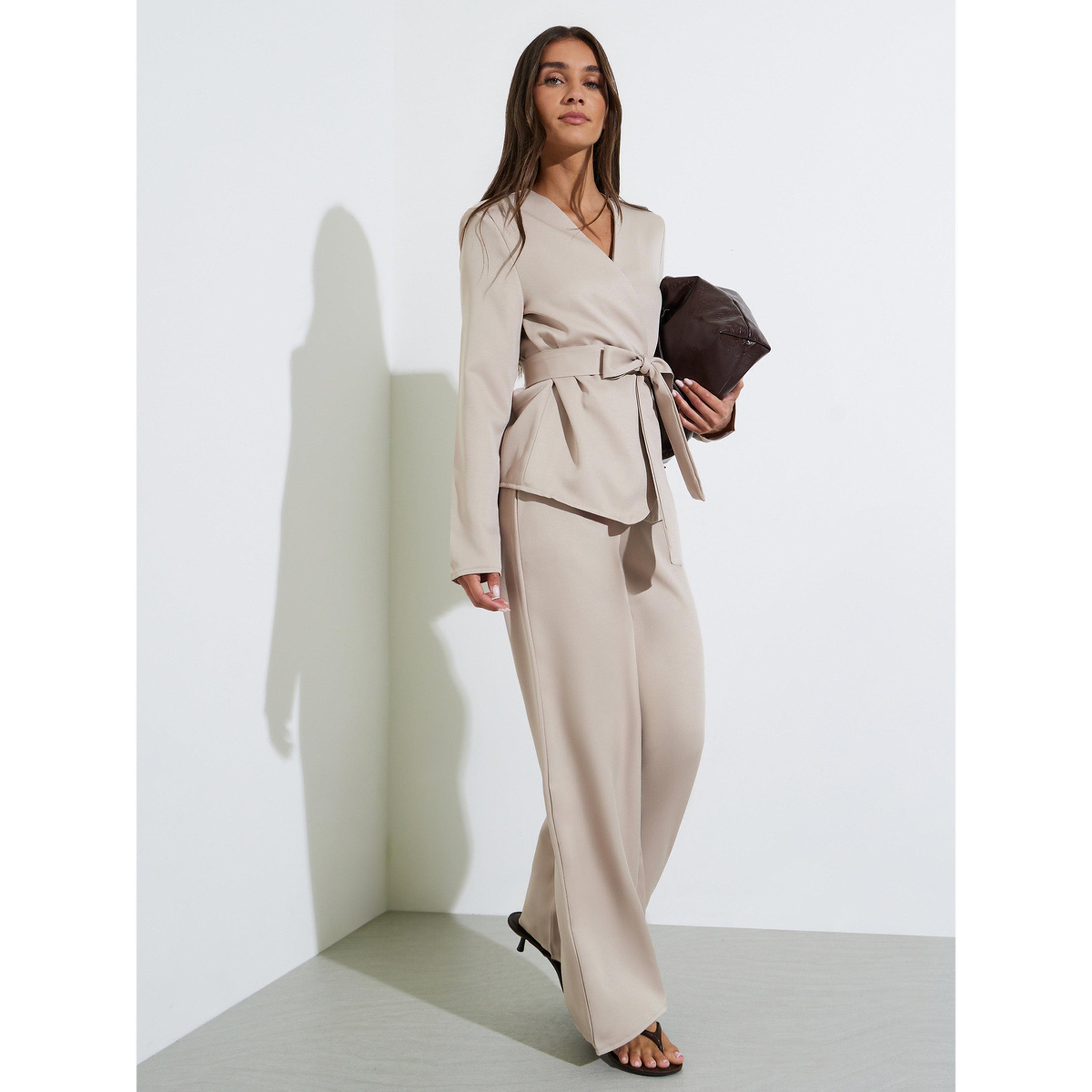 Styli Khaki Wrap Blazer and Wide Leg Trousers Co-Ord Set-women-clothing-coordsets-image-1