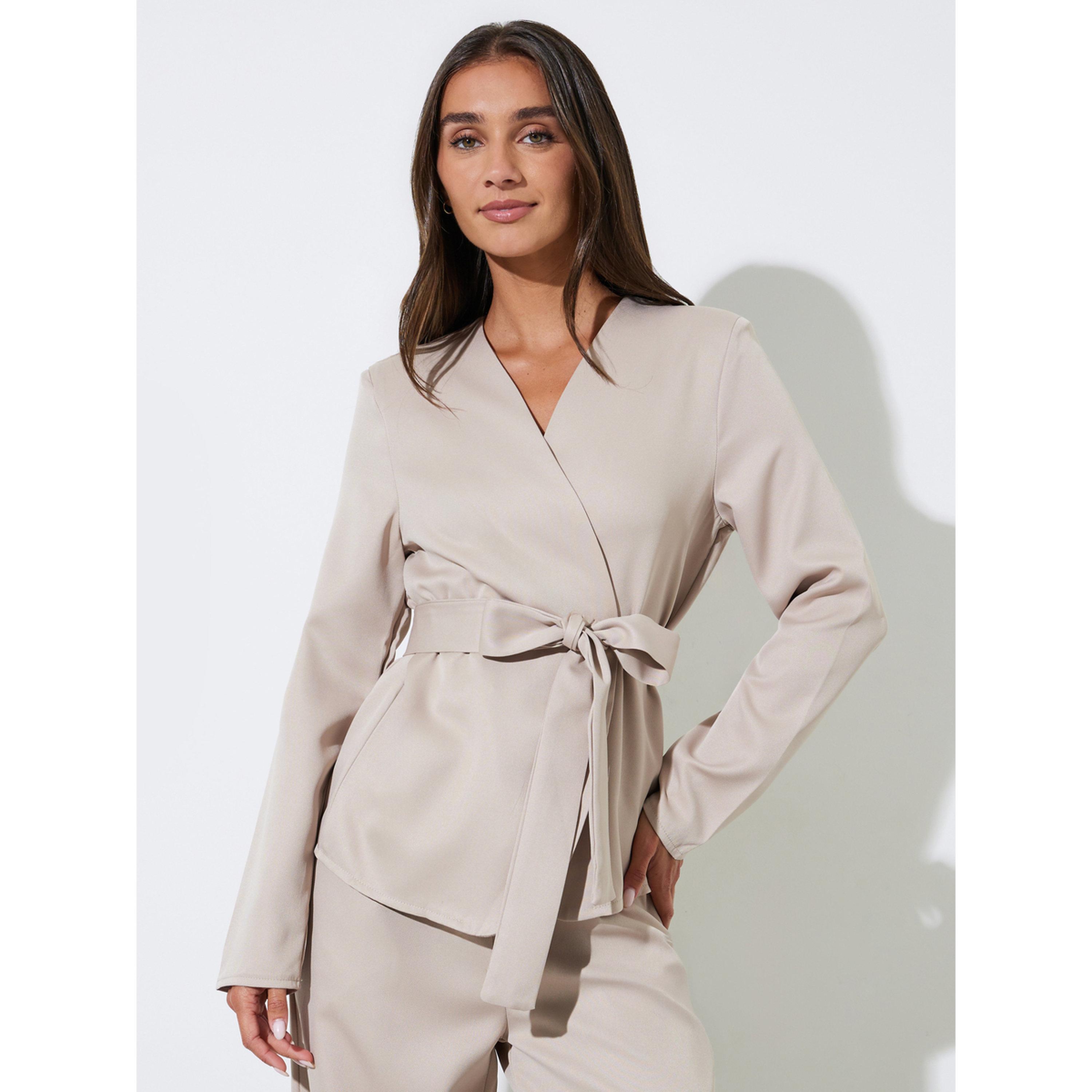Styli Khaki Wrap Blazer and Wide Leg Trousers Co-Ord Set-women-clothing-coordsets-image-2