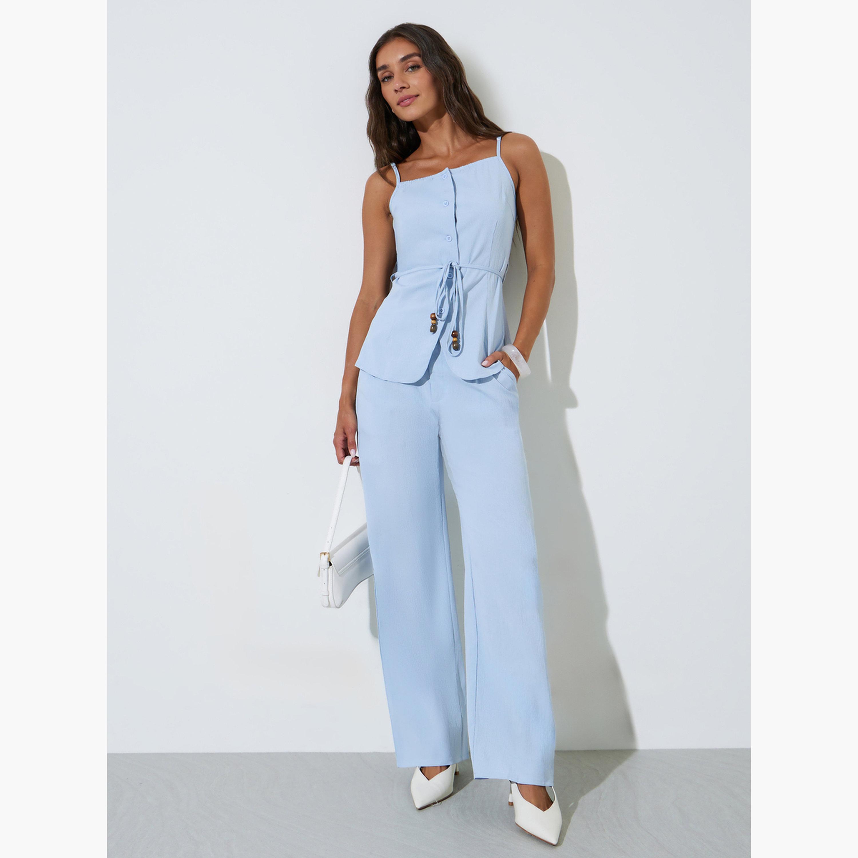 طقم منسق من بنطال بأرجل واسعة وبلوزة بحمالات ورباط خصر بلون سادة لون أزرق-women-clothing-coordsets-image-1