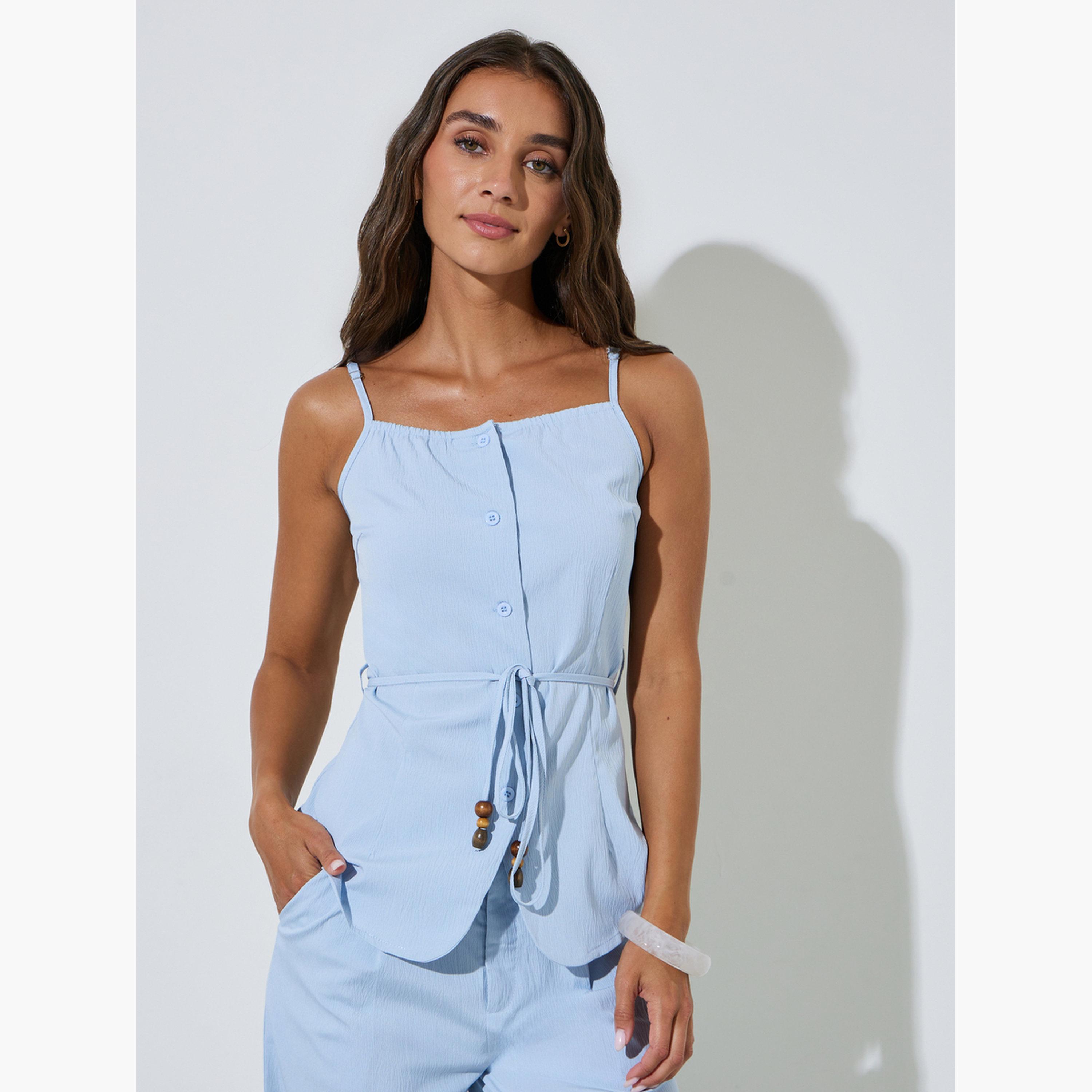 طقم منسق من بنطال بأرجل واسعة وبلوزة بحمالات ورباط خصر بلون سادة لون أزرق-women-clothing-coordsets-image-2