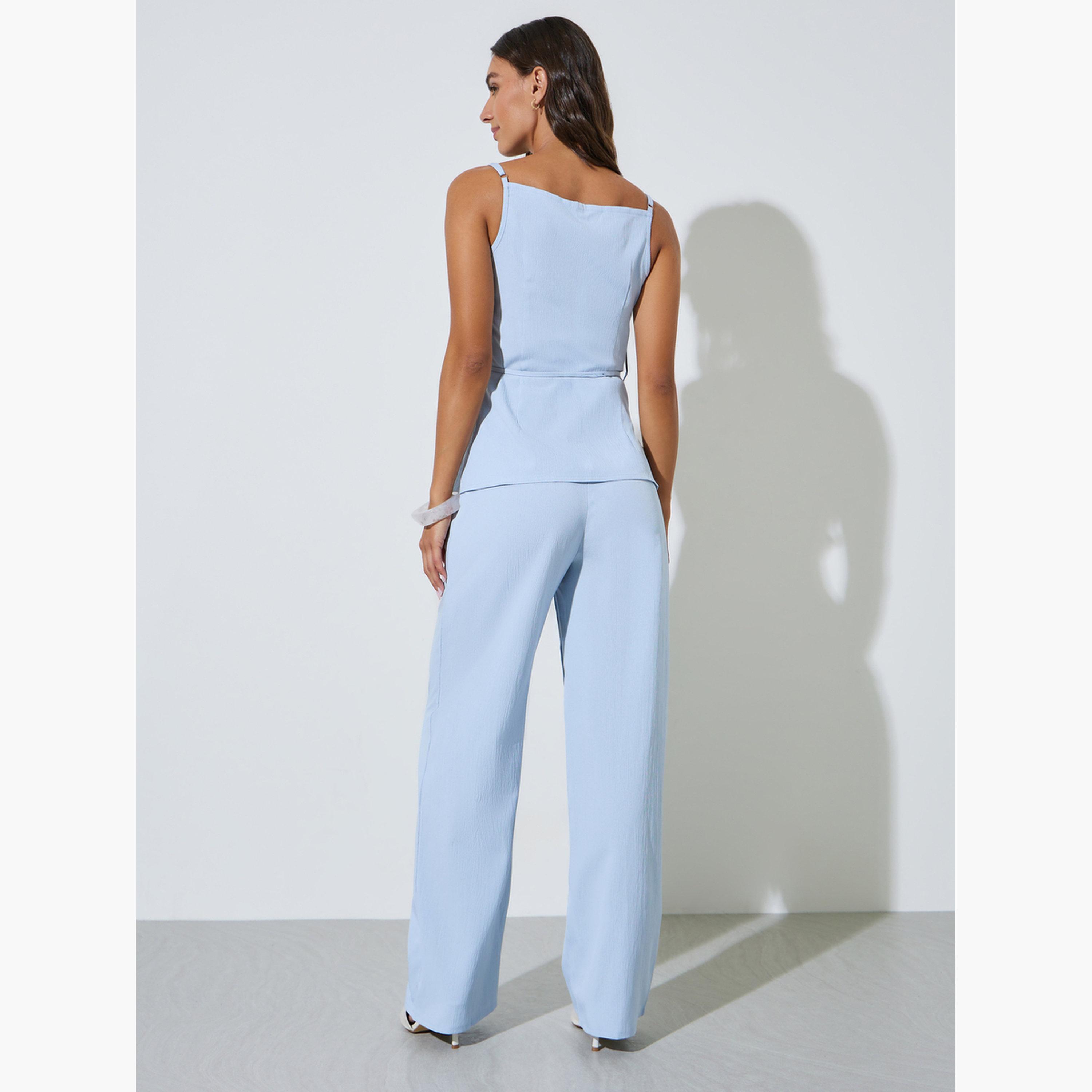 طقم منسق من بنطال بأرجل واسعة وبلوزة بحمالات ورباط خصر بلون سادة لون أزرق-women-clothing-coordsets-image-4