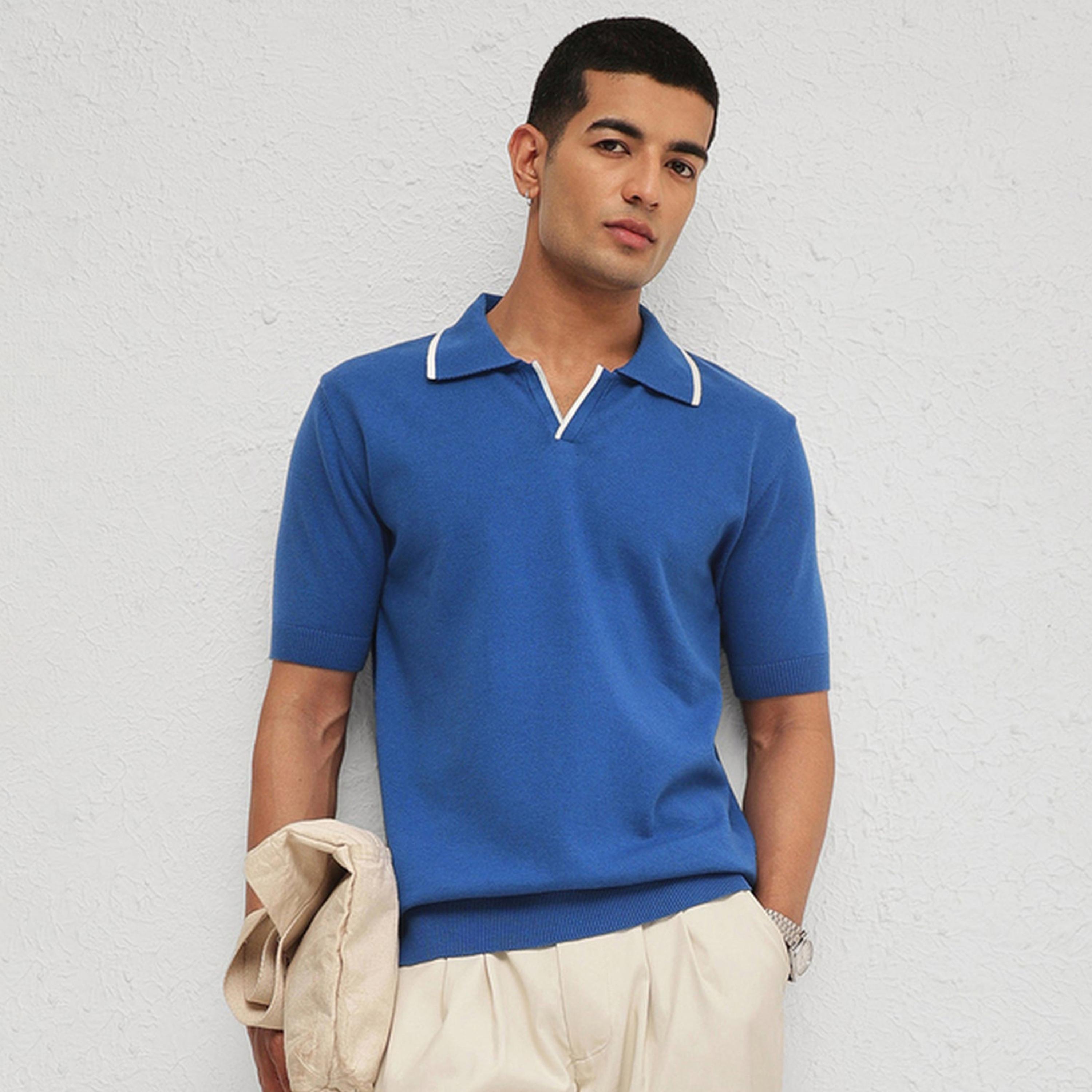 Sassafras X Styli Men Blue Relaxed Fit Knitted Polo T-Shirt-men-clothing-tshirtsandpolos-polos-image-1