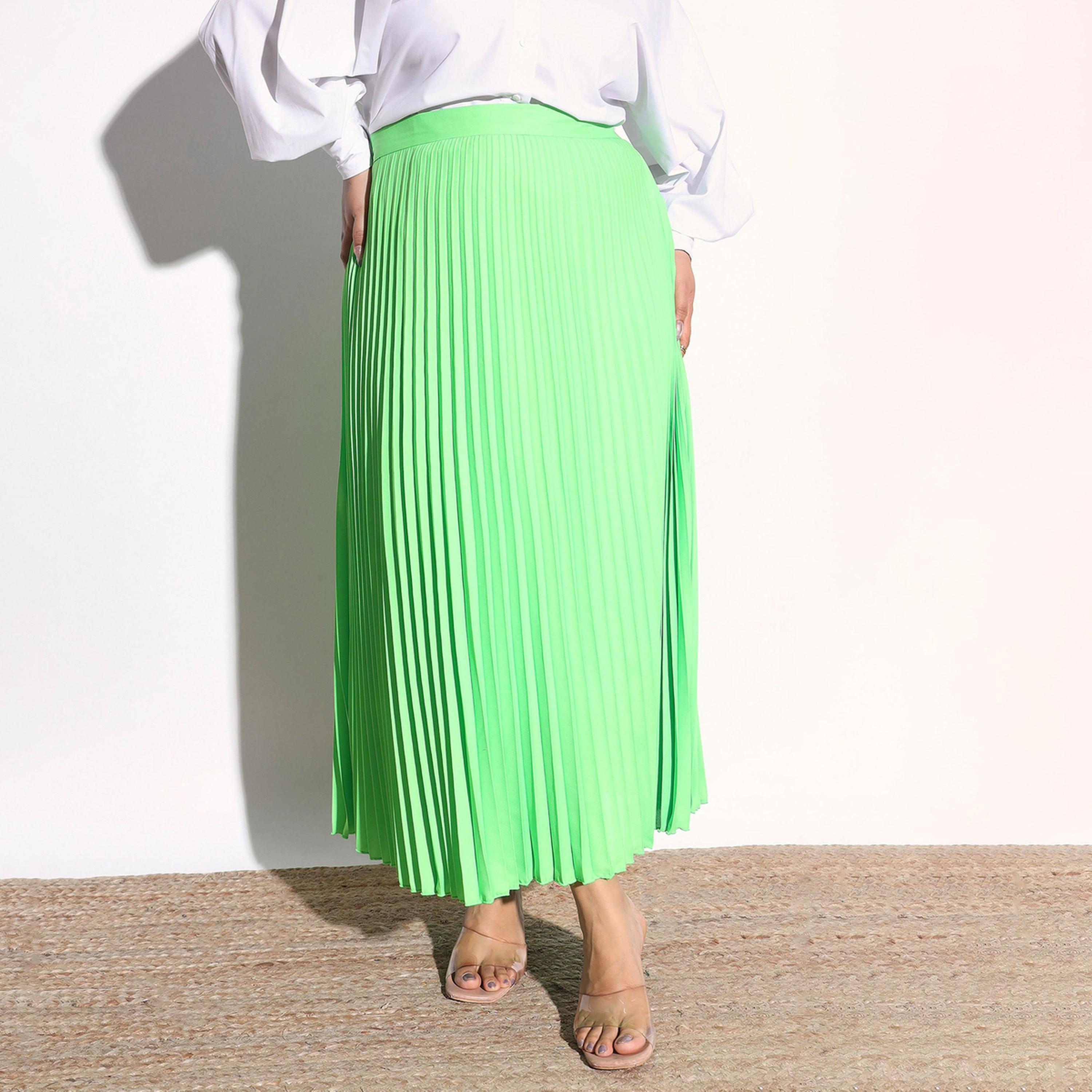 Sassafras X Styli Plus Size Neon Green Solid Accordion Pleated Maxi Skirt-women-clothing-skirts-image-1