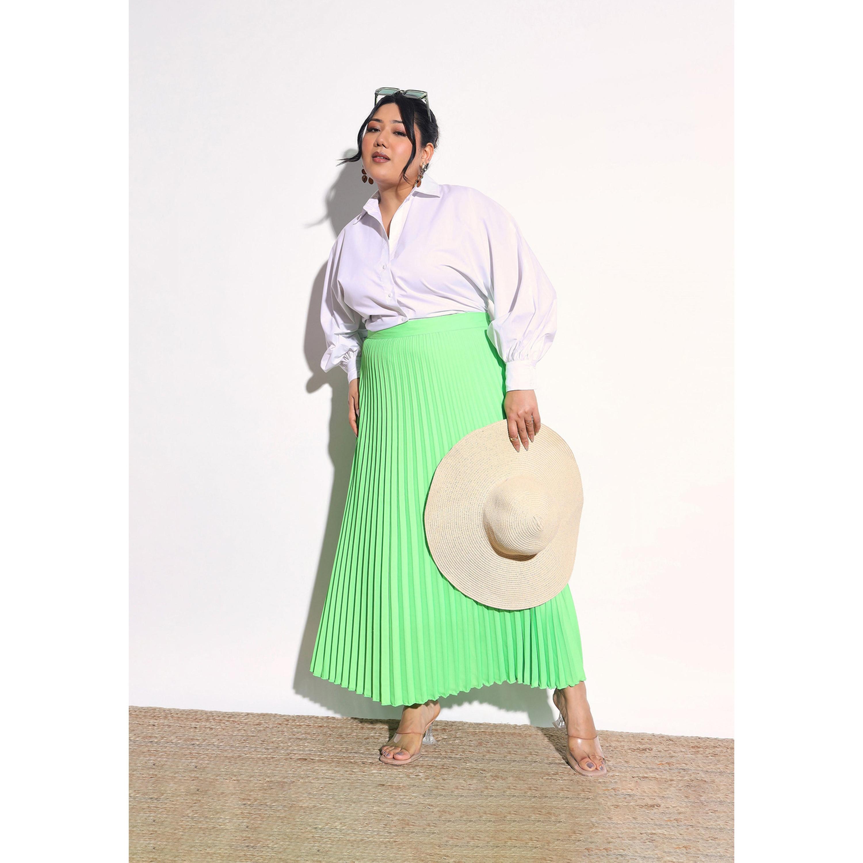 Sassafras X Styli Plus Size Neon Green Solid Accordion Pleated Maxi Skirt-women-clothing-skirts-image-2