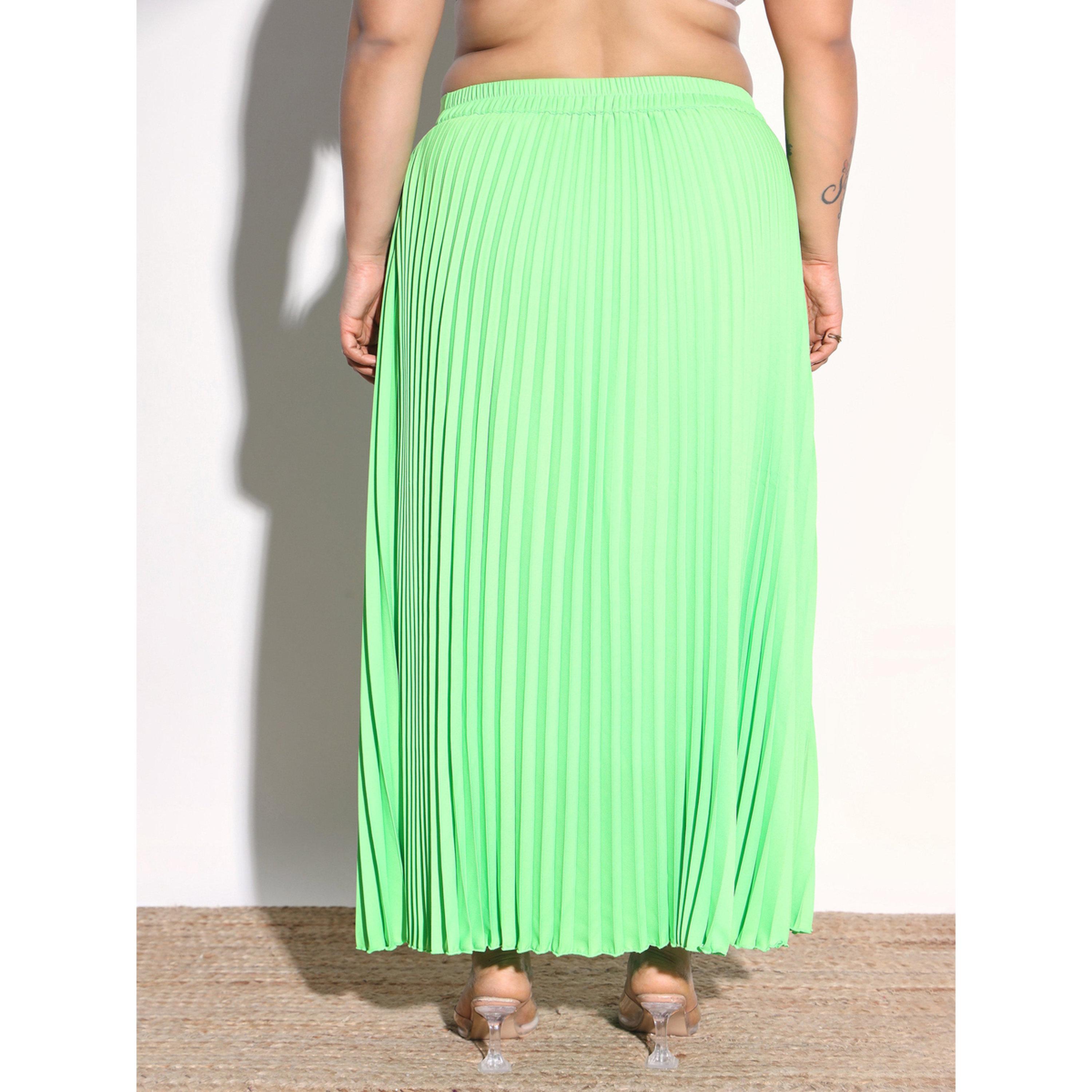 تنورة طويلة بكسرات أكورديون بلون سادة مقاسات كبيرة لون أخضر نيون-women-clothing-skirts-image-5
