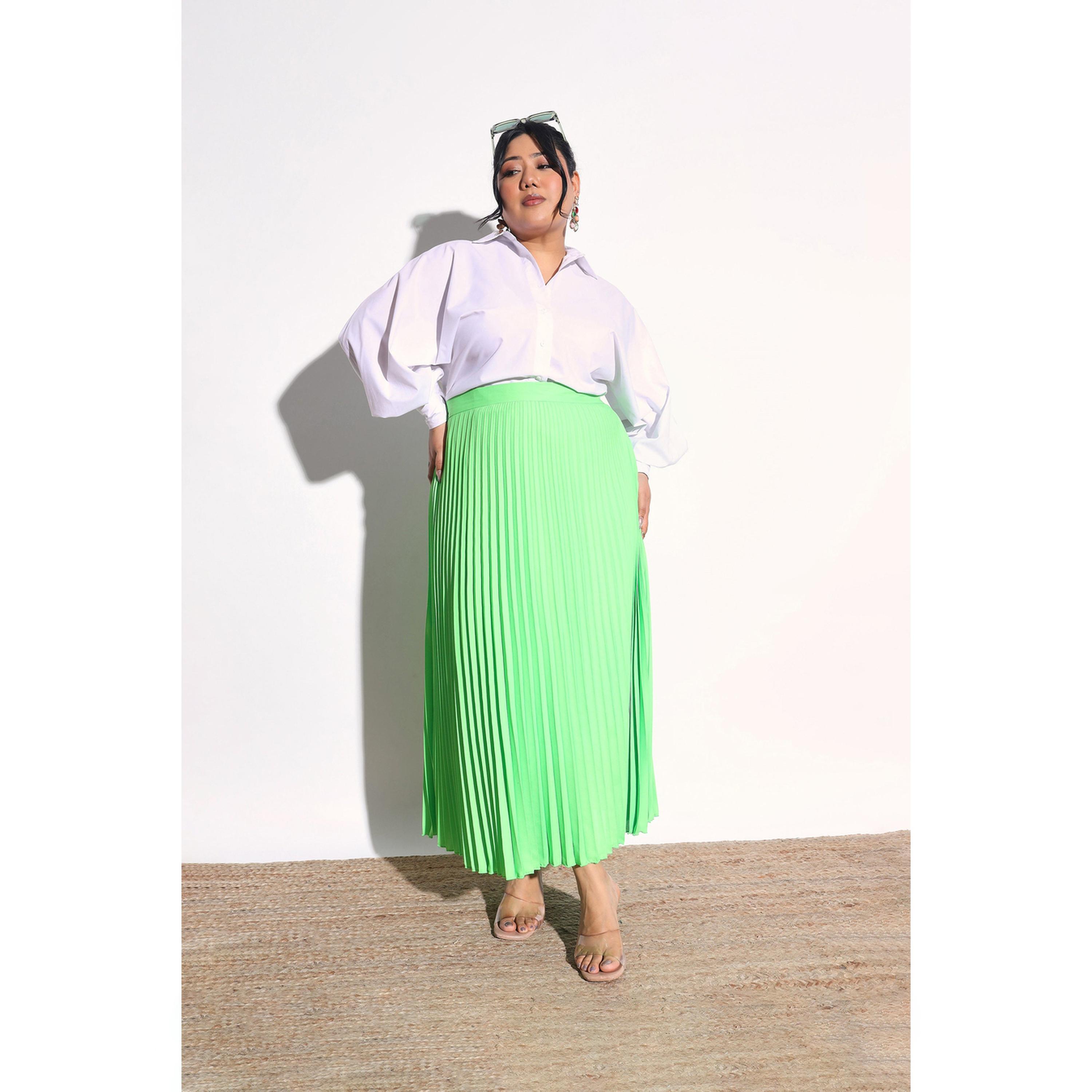 Sassafras X Styli Plus Size Neon Green Solid Accordion Pleated Maxi Skirt-women-clothing-skirts-image-6
