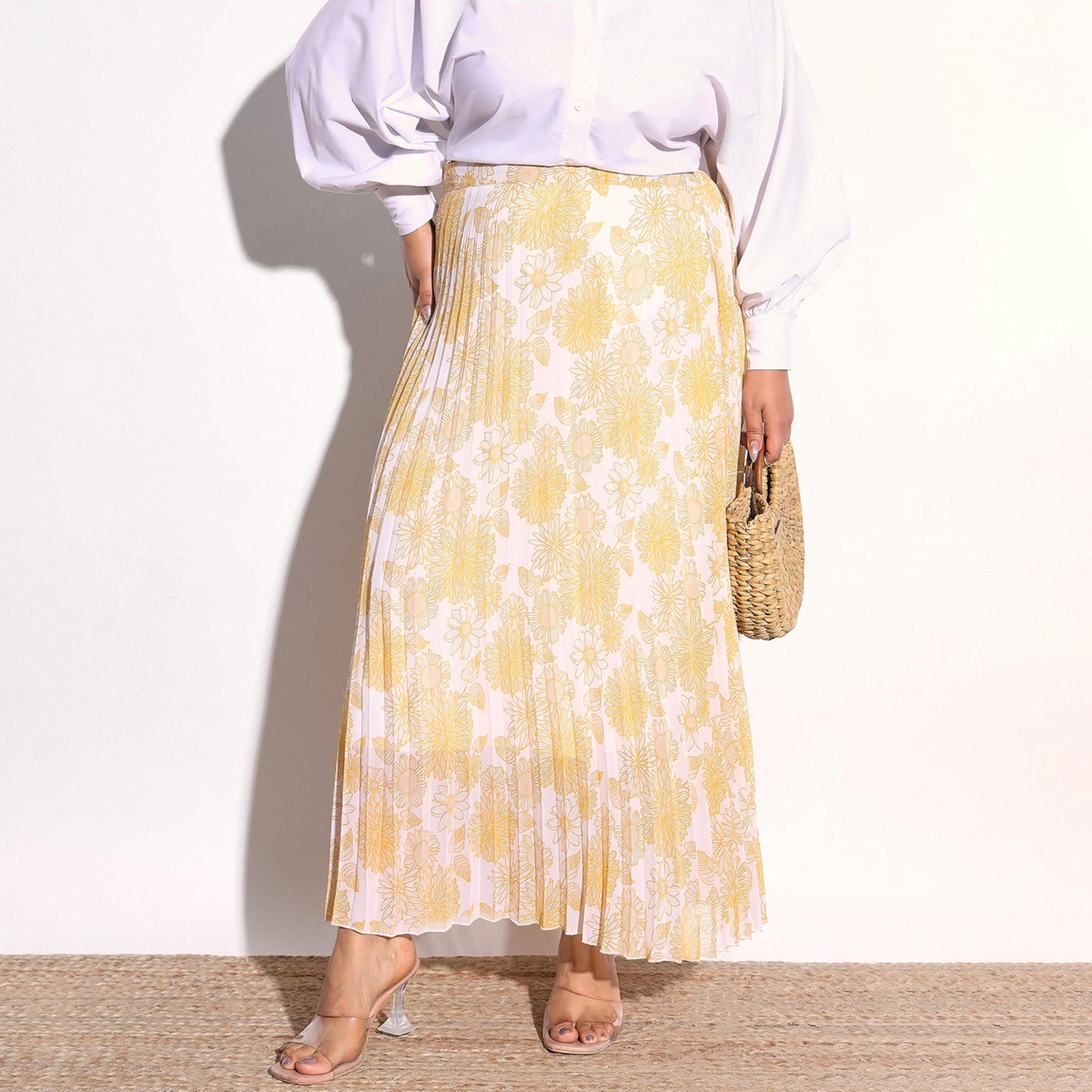 Sassafras X Styli Plus Size Yellow Floral Print Accordion Pleated Maxi Skirt-women-clothing-skirts-image-1