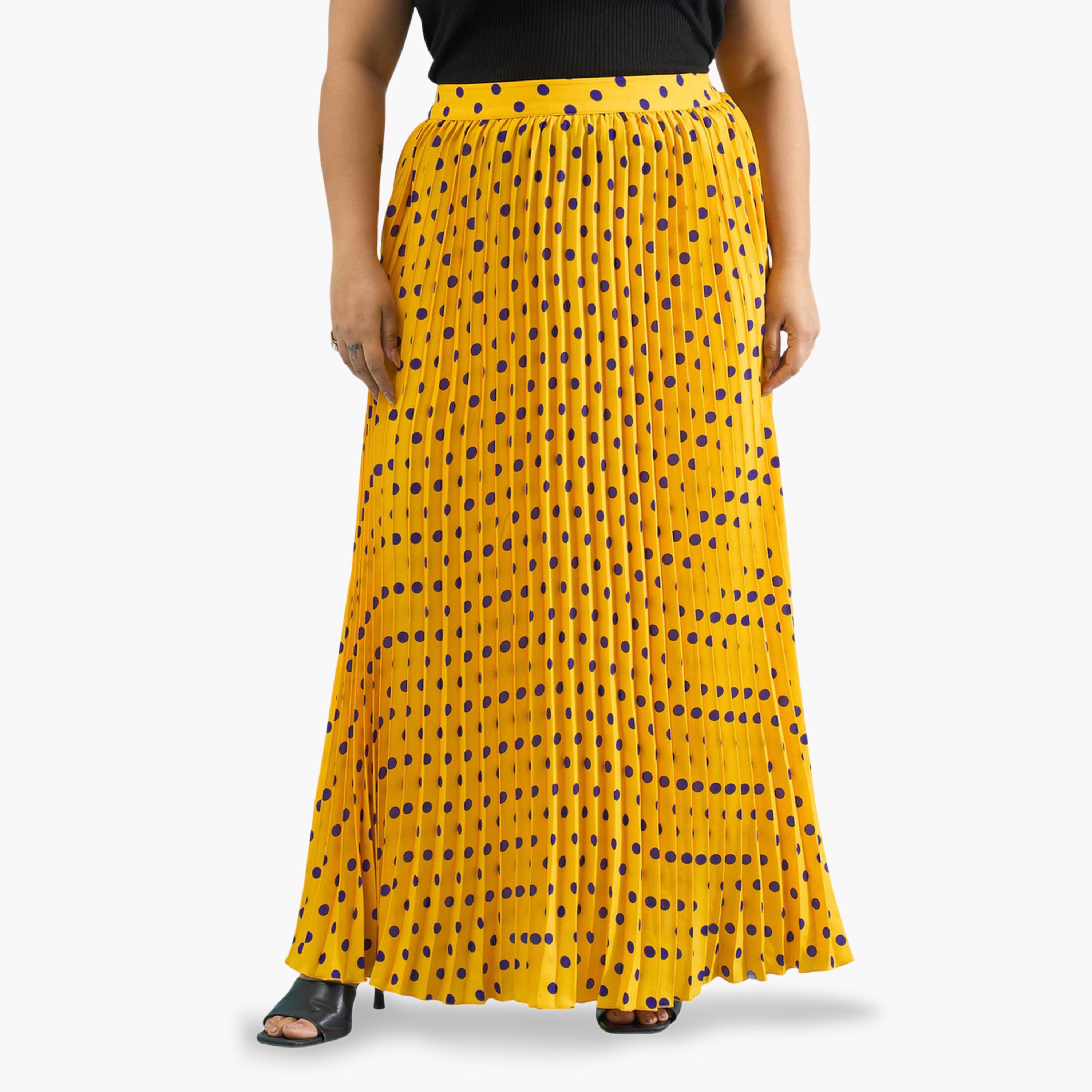تنورة طويلة بكسرات أكورديون وطبعة منقطة مقاسات كبيرة لون أصفر-women-clothing-skirts-image-1