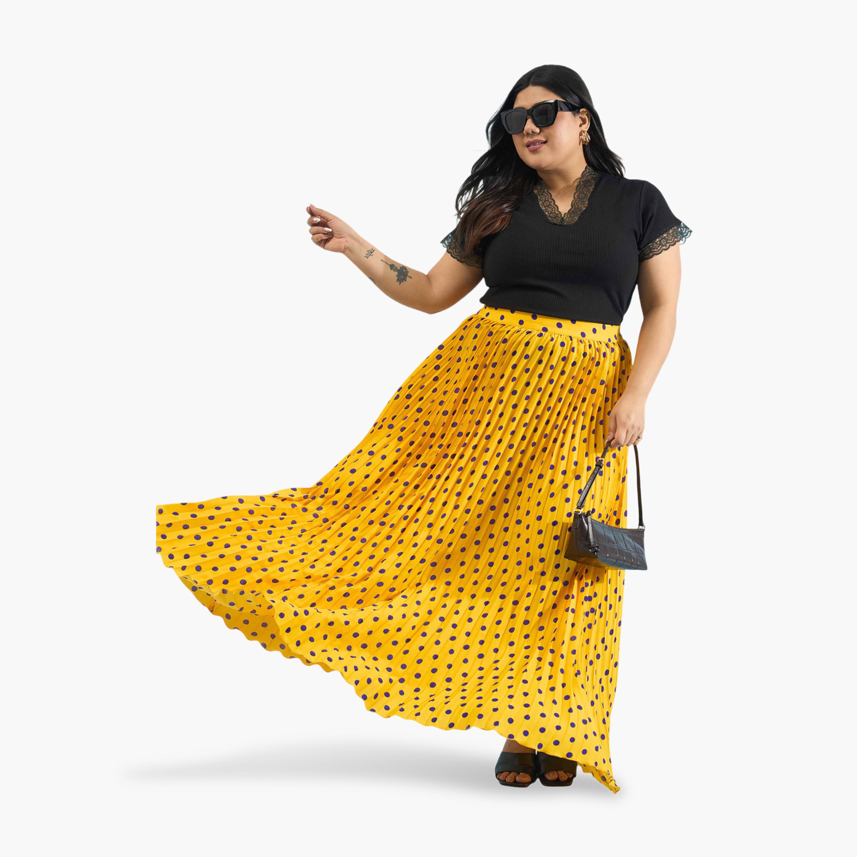 تنورة طويلة بكسرات أكورديون وطبعة منقطة مقاسات كبيرة لون أصفر-women-clothing-skirts-image-2