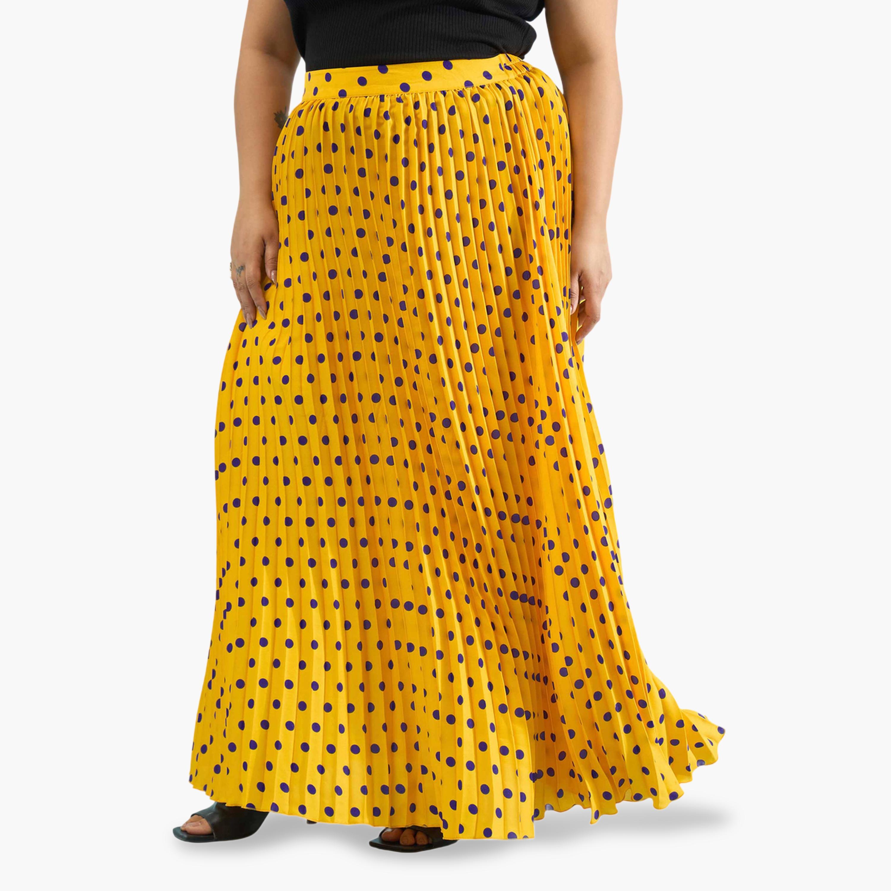 تنورة طويلة بكسرات أكورديون وطبعة منقطة مقاسات كبيرة لون أصفر-women-clothing-skirts-image-3