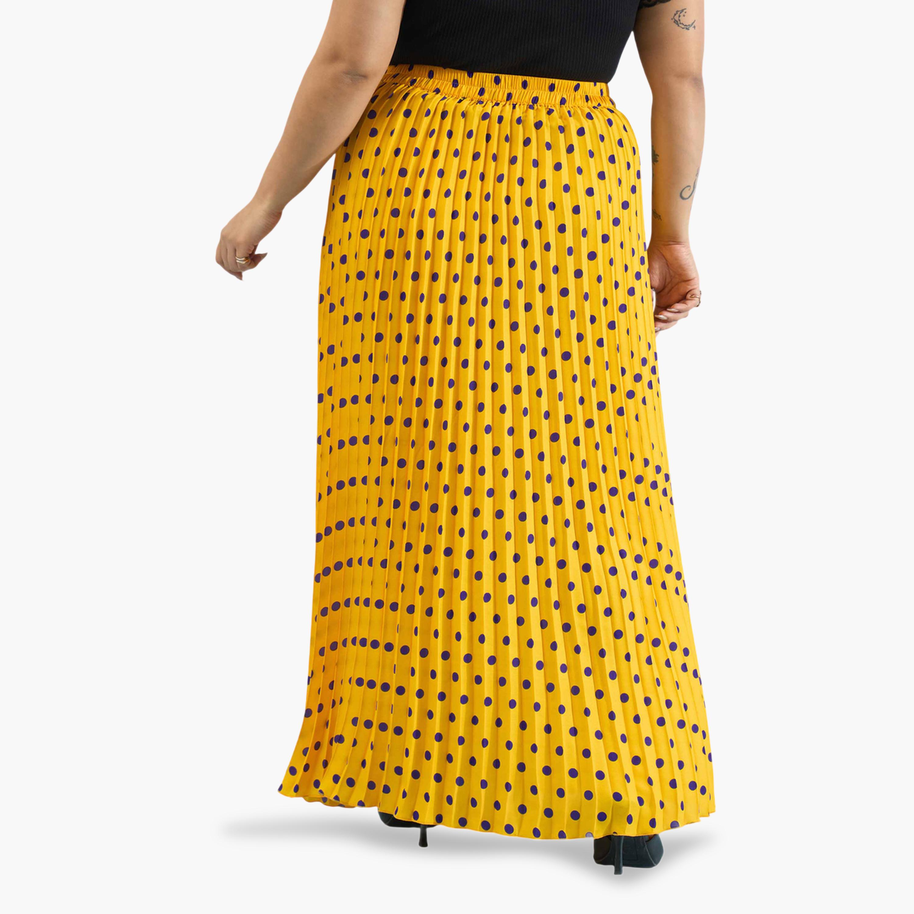 تنورة طويلة بكسرات أكورديون وطبعة منقطة مقاسات كبيرة لون أصفر-women-clothing-skirts-image-5