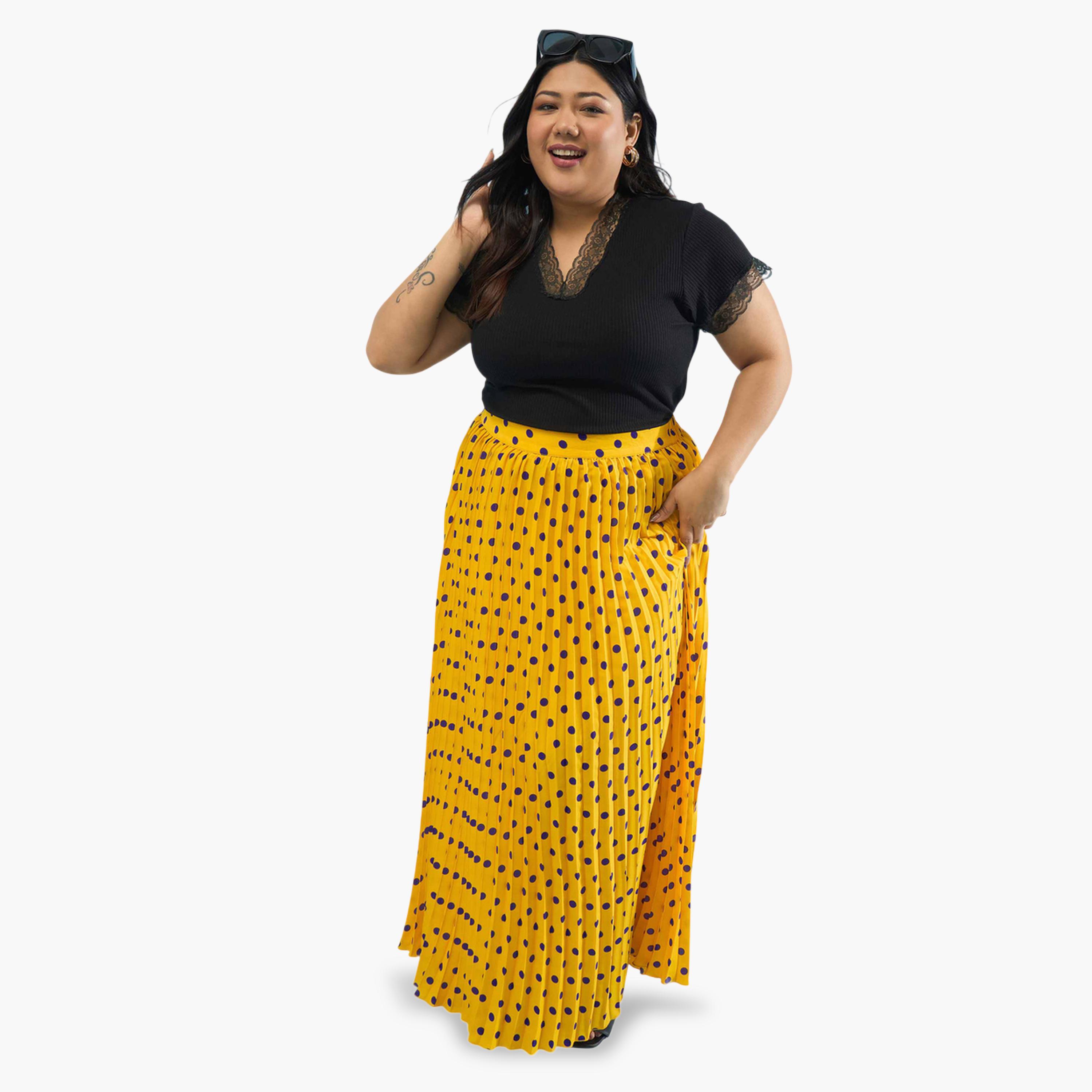 تنورة طويلة بكسرات أكورديون وطبعة منقطة مقاسات كبيرة لون أصفر-women-clothing-skirts-image-6