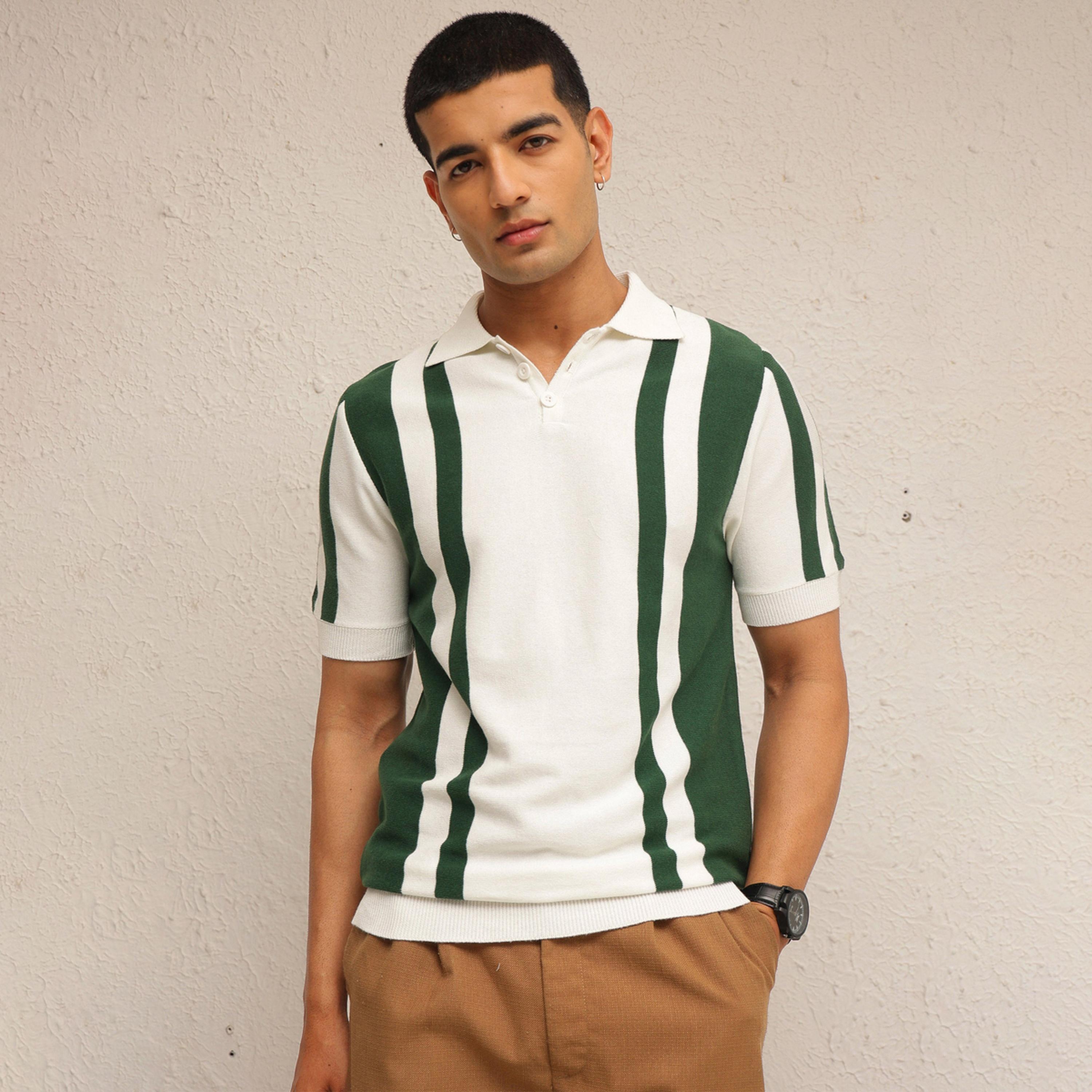 Sassafras X Styli Men White Striped Relaxed Fit Knitted Polo T-Shirt-men-clothing-tshirtsandpolos-polos-image-1