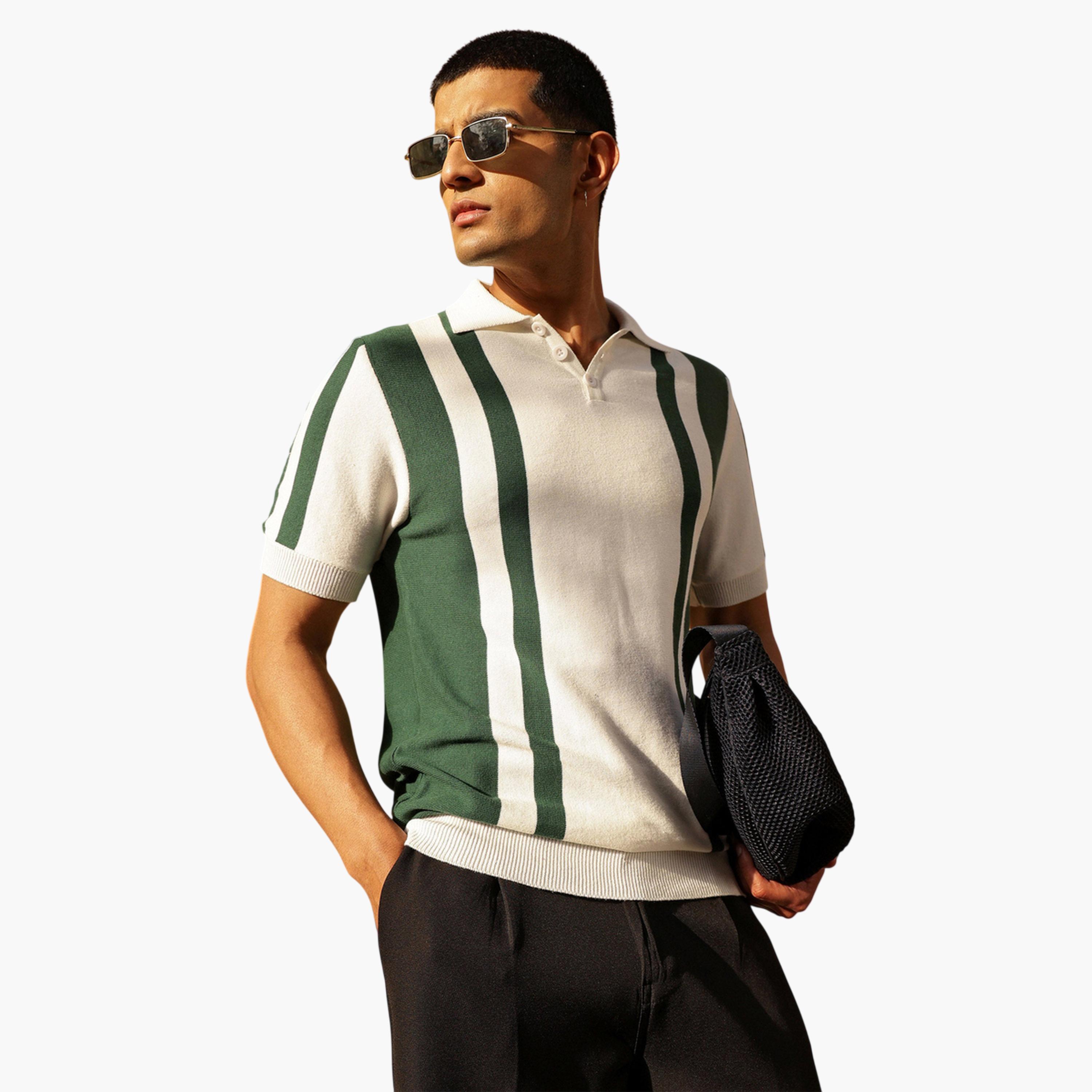 Sassafras X Styli Men White Striped Relaxed Fit Knitted Polo T-Shirt-men-clothing-tshirtsandpolos-polos-image-4