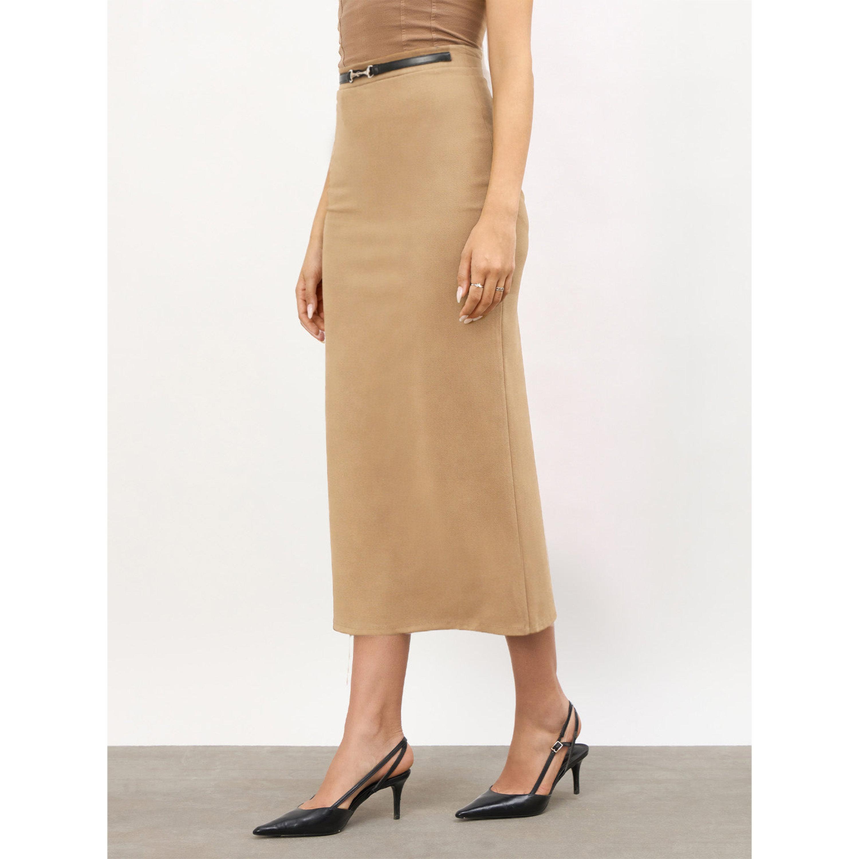 تنورة بقصة مستقيمة بفتحة خلفية وتفاصيل معدنية أماما لون بني-women-clothing-skirts-image-3
