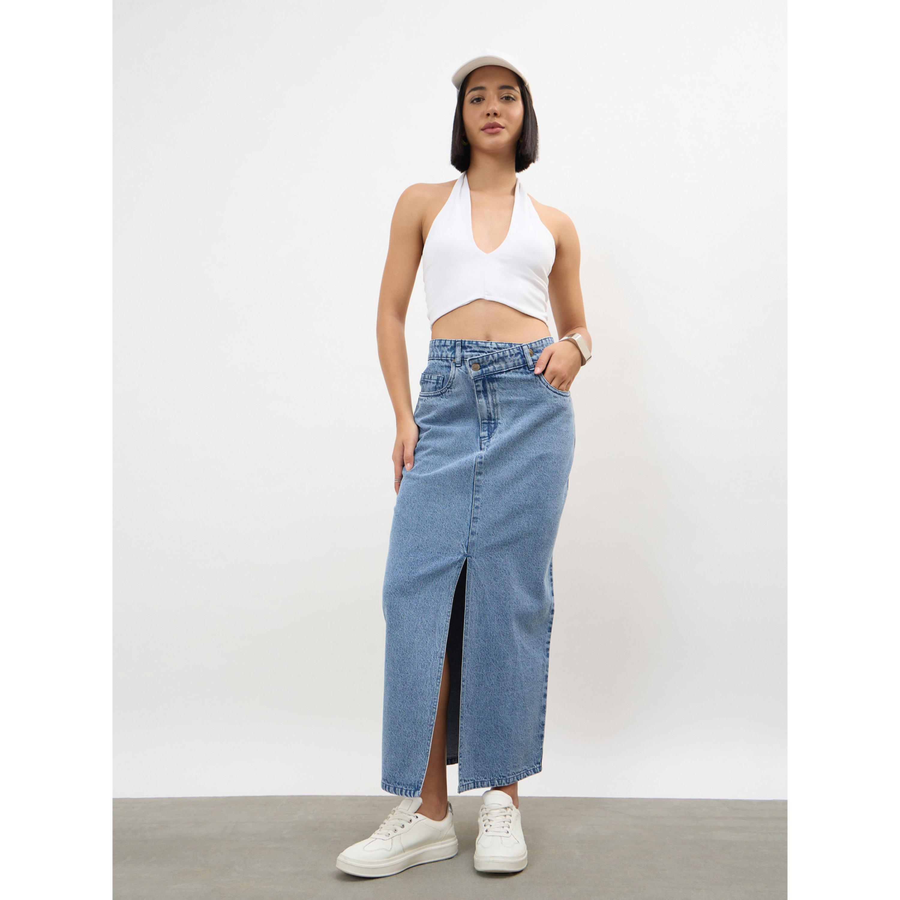 تنورة دنيم طويلة بفتحة أمامية وخصر غير متماثل لون أزرق-women-clothing-skirts-image-2