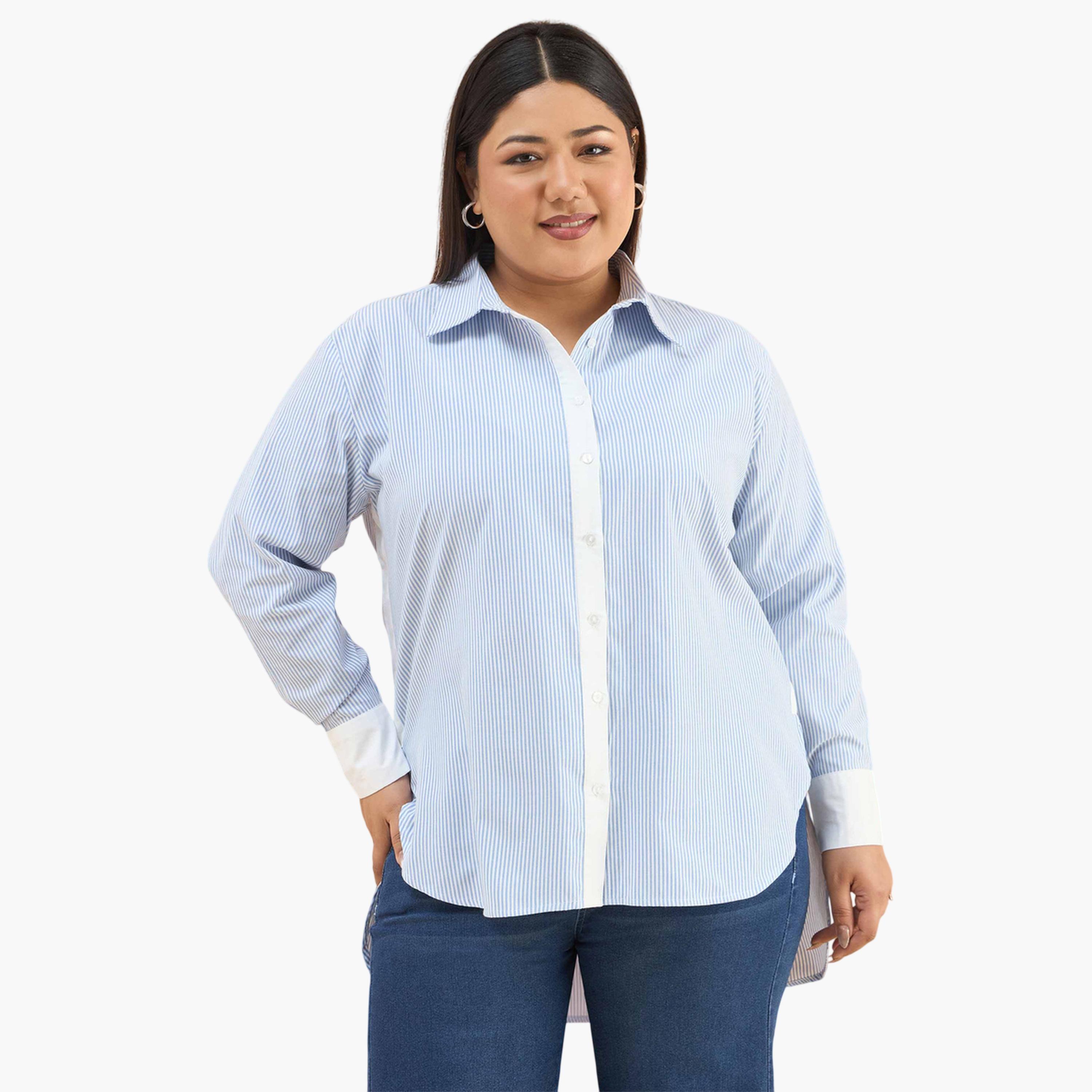 قميص بأكمام طويلة وحواف متباينة ونمط مخطط لون أزرق-women-clothing-shirtsandblouses-shirts-image-1