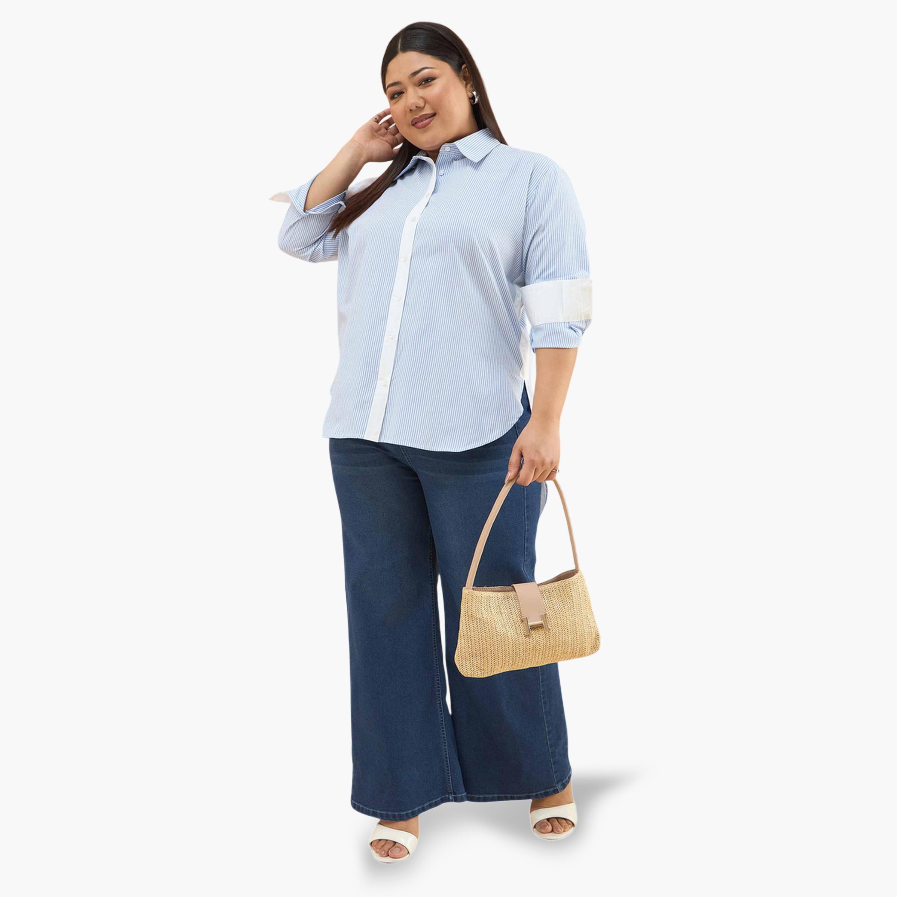 قميص بأكمام طويلة وحواف متباينة ونمط مخطط لون أزرق-women-clothing-shirtsandblouses-shirts-image-2