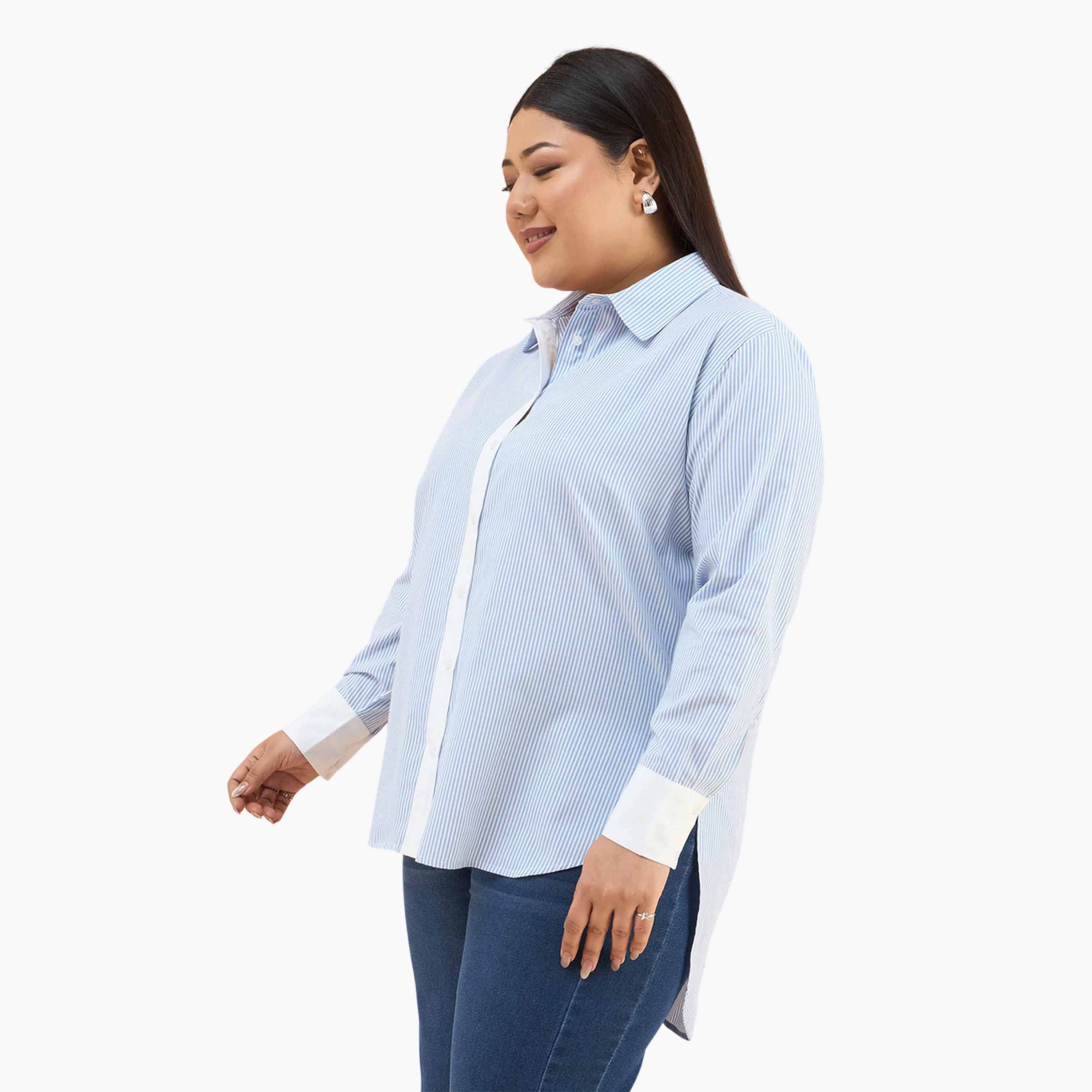 قميص بأكمام طويلة وحواف متباينة ونمط مخطط لون أزرق-women-clothing-shirtsandblouses-shirts-image-3